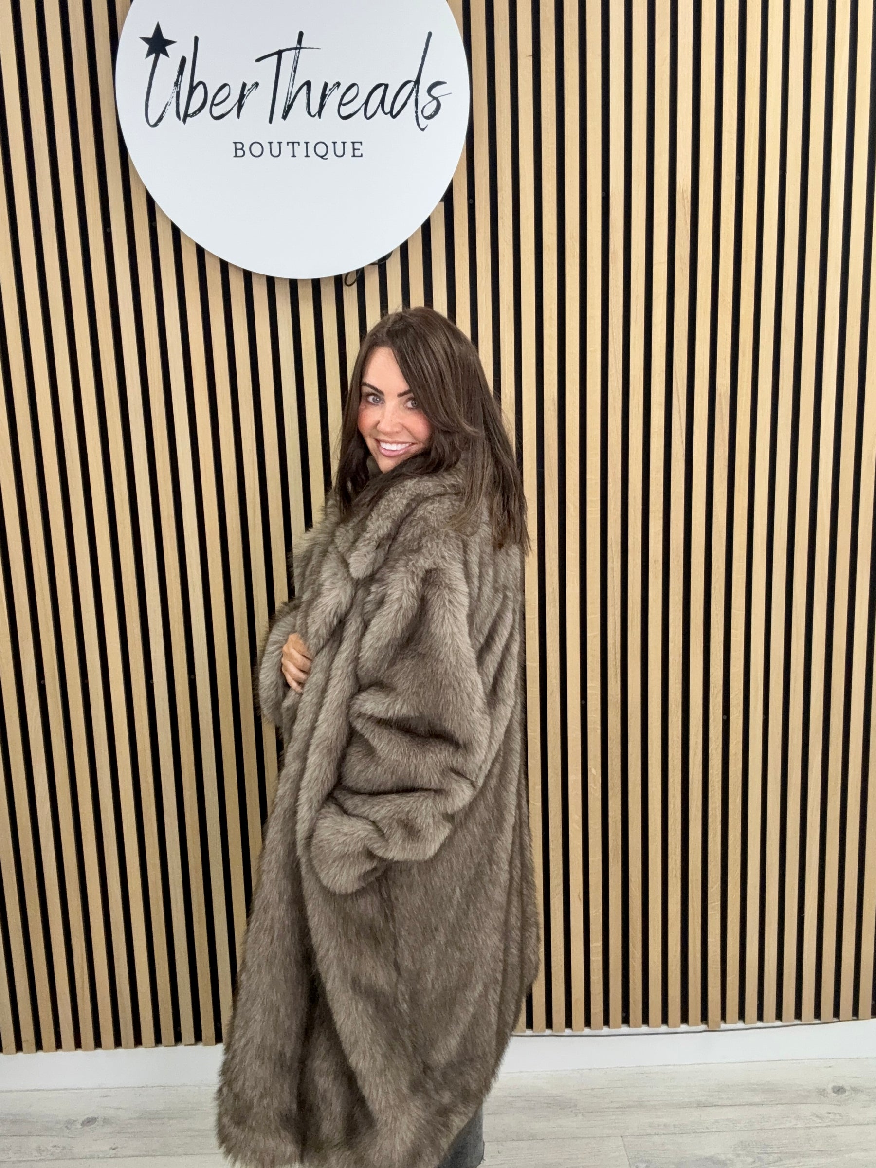 The Knightsbridge Longline Faux Fur Coat-Taupe