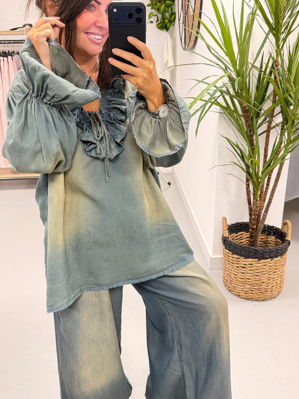 Deniably Denim Ruffle Tie Blouse - Distressed Denim Special Price no returns no blue light card