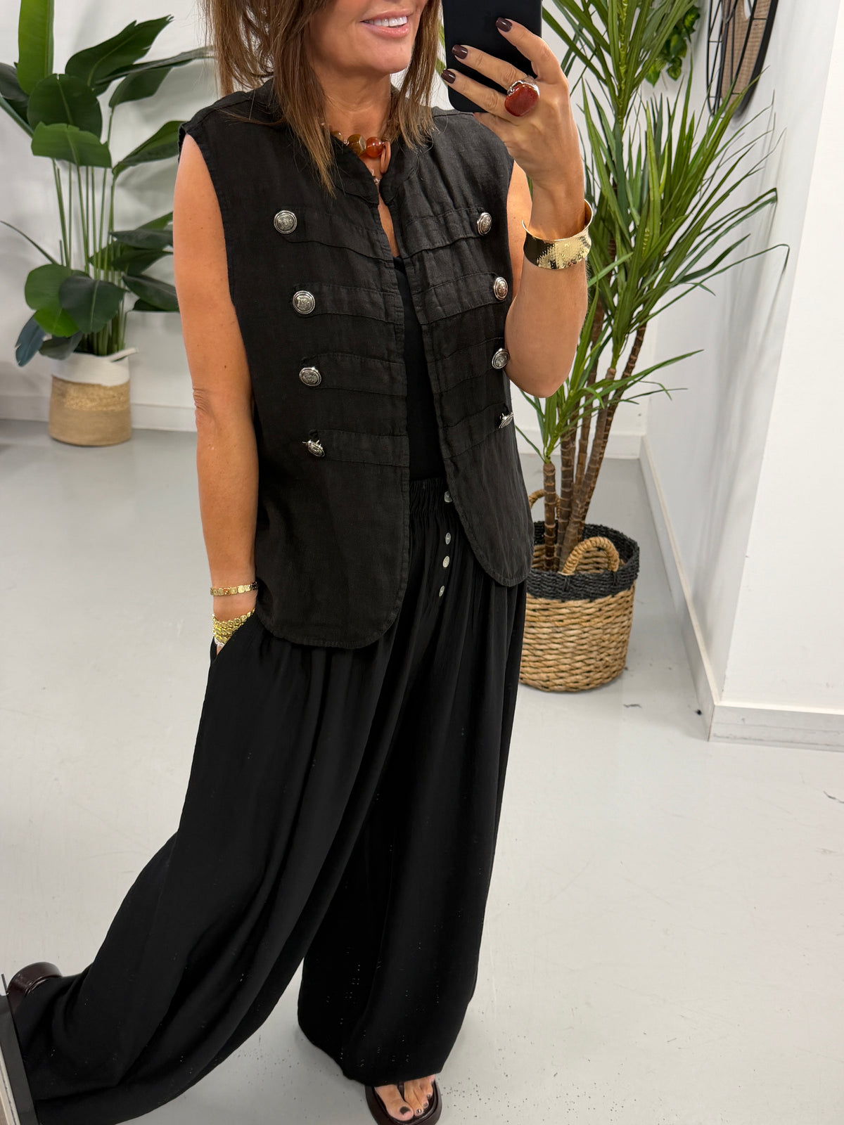 Linen Military Waistcoat - Black