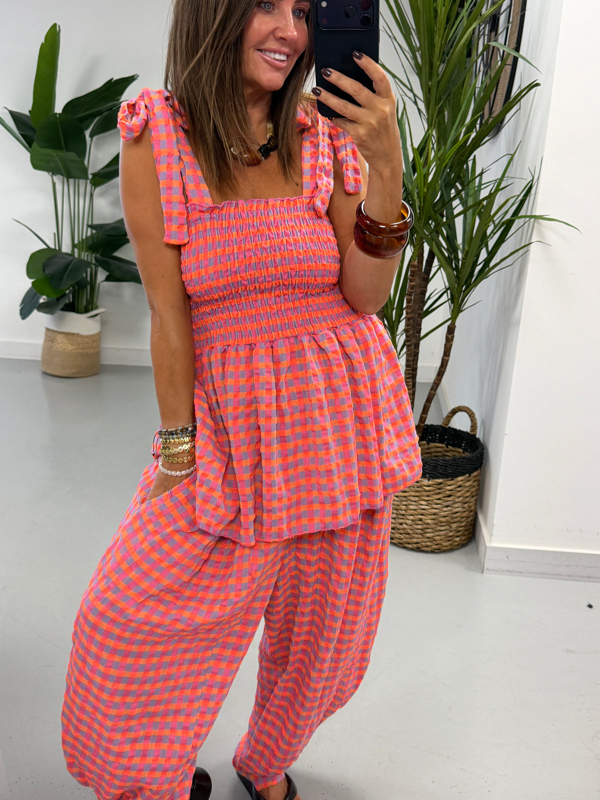 The Deluxe Gingham Barrel Trousers - Purple/Orange