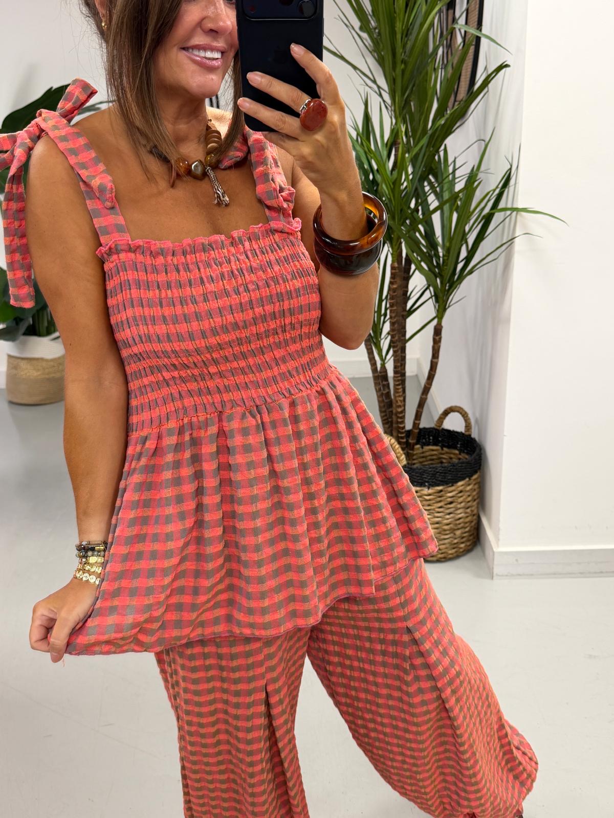 The Deluxe Gingham Peplum Top - Pink/Mocha