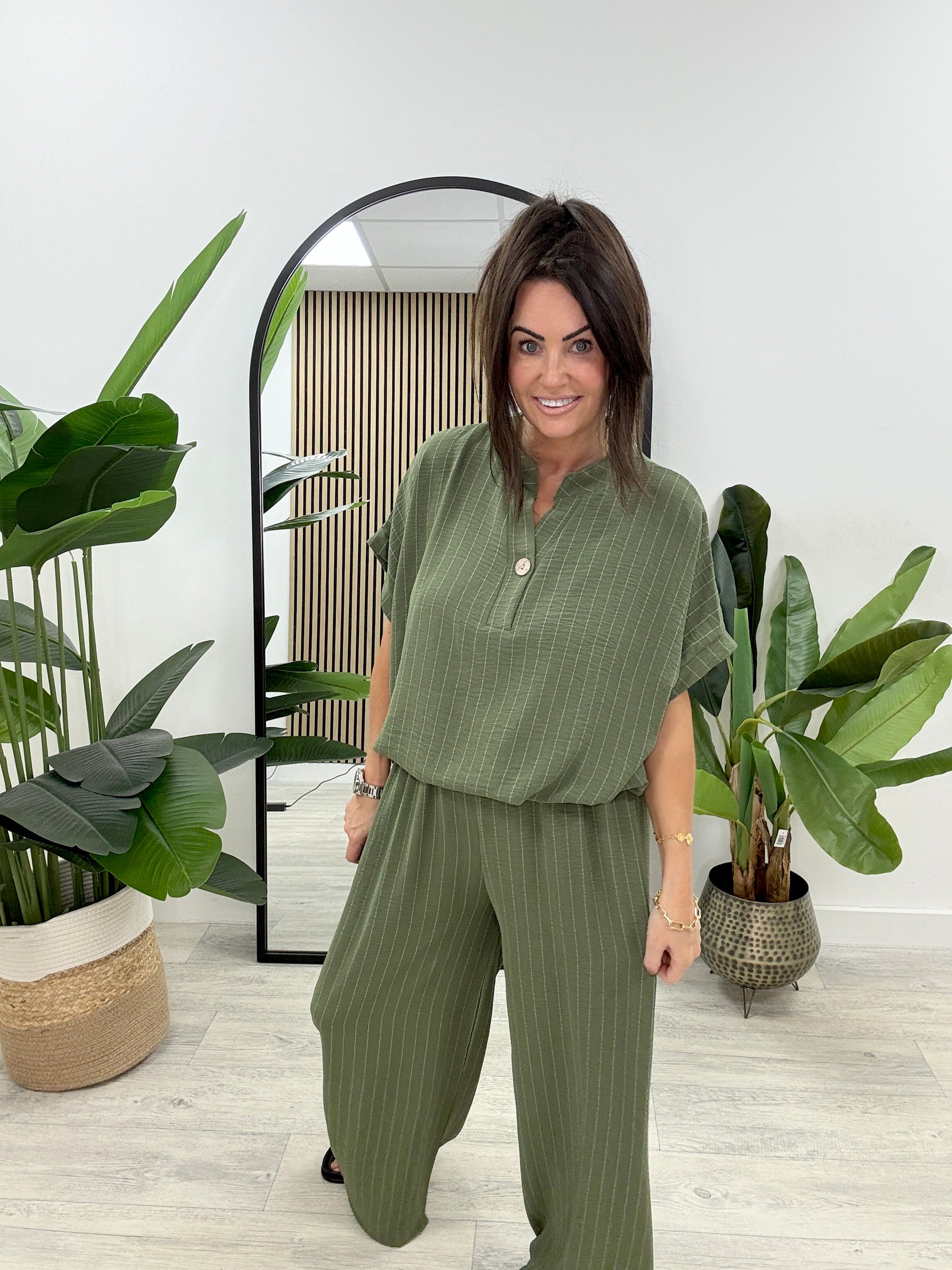 Brinley Button Pinstripe Co-Ord - Khaki