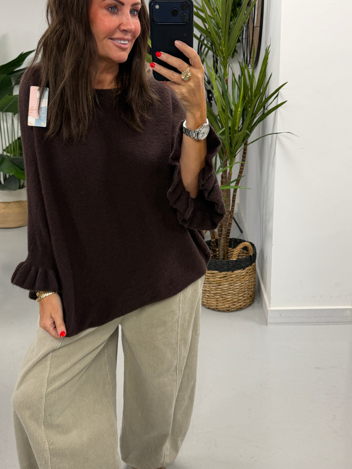 Slouchy Frill Sleeve Knit - Chocolate (Size 12 - 18)
