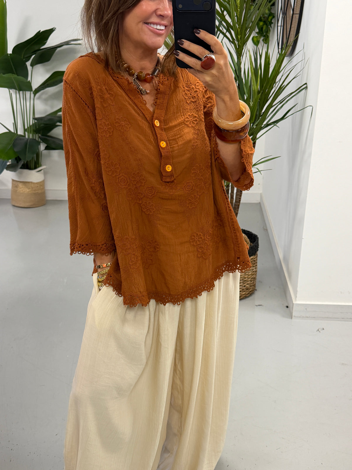Seville Lace Button Up Top - Rust