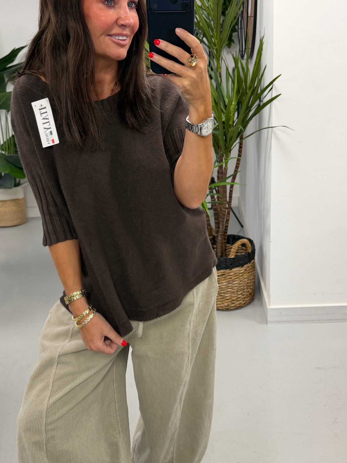 Crop Sleeve Boat Neck Knit - Chocolate (Size 10 - 16)