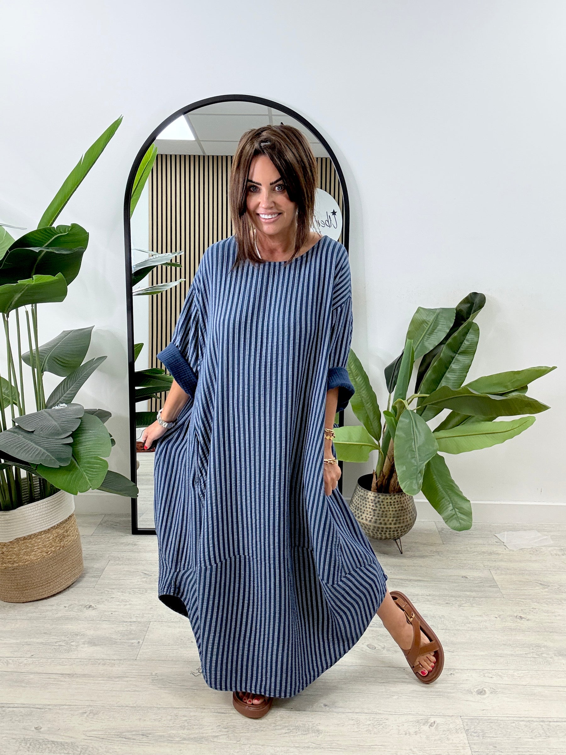 The Cocoon Striped Pocket Dress - Navy