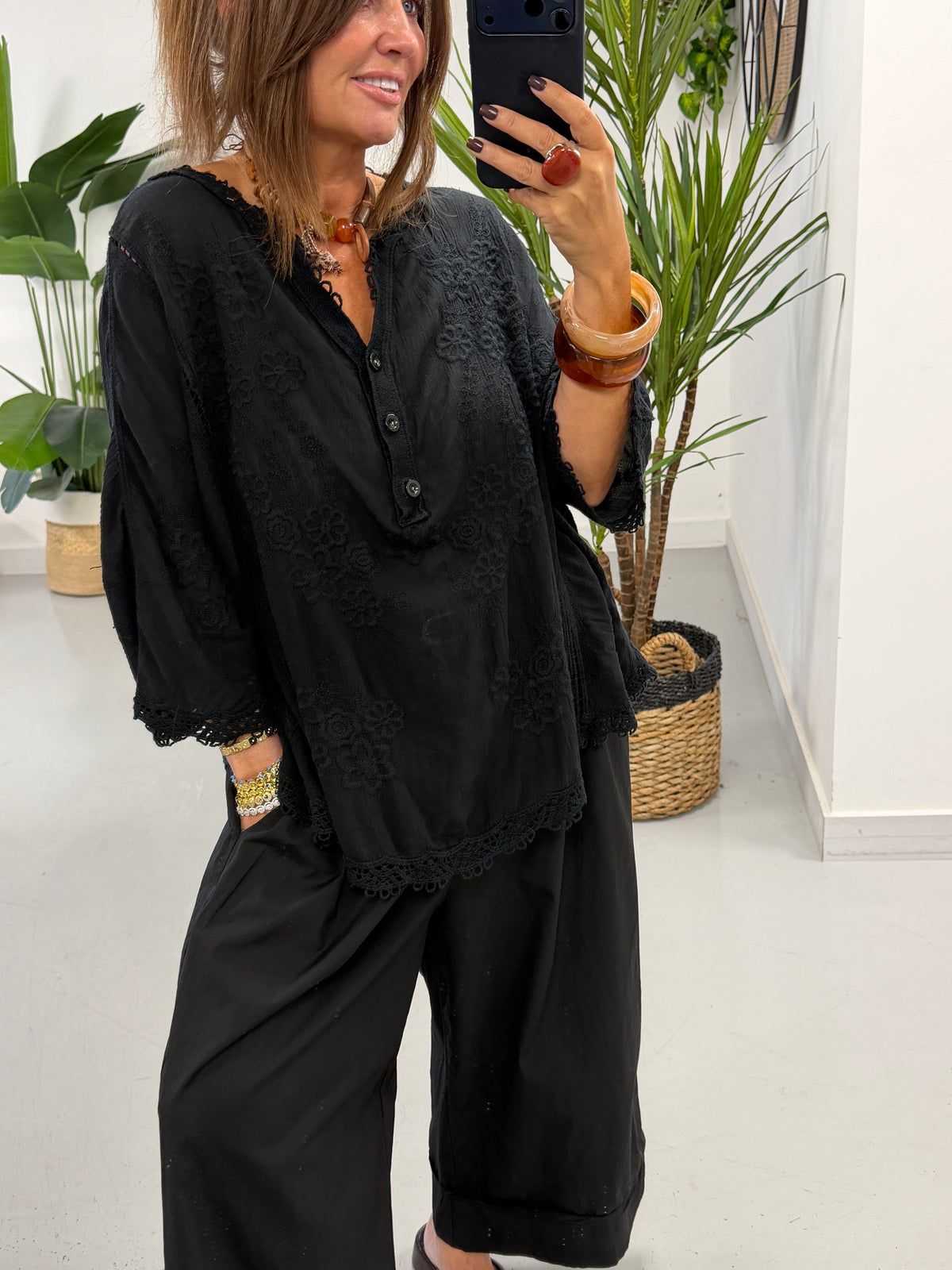 Seville Lace Button Up Top - Black