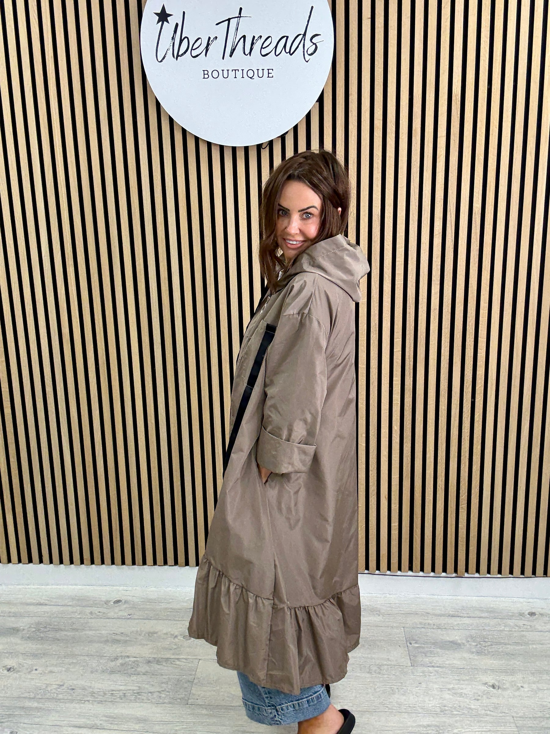 The High Low Frill Rainmac - Taupe