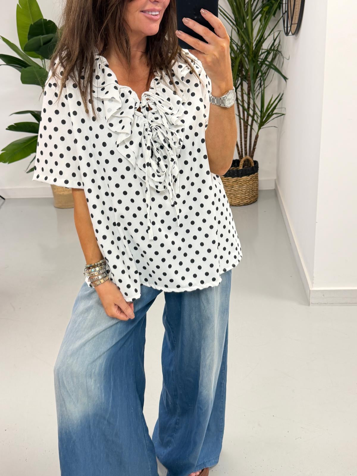 Spot the Double Ruffle Tie Blouse - White