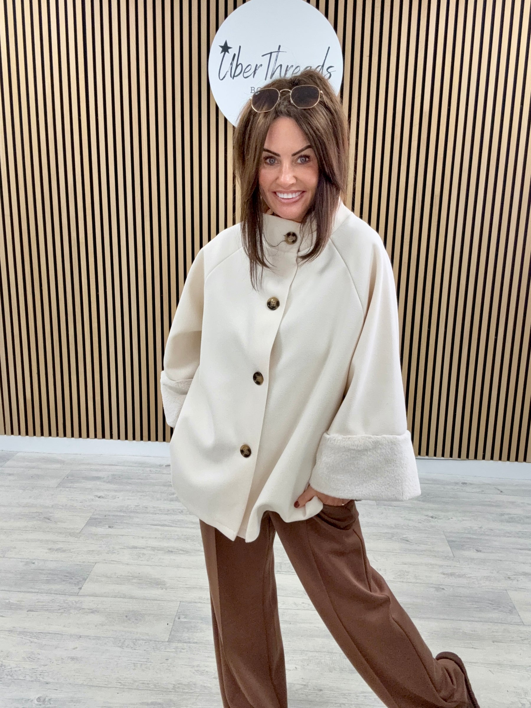 Faux Fur Sleeve Swing Jacket - Cream