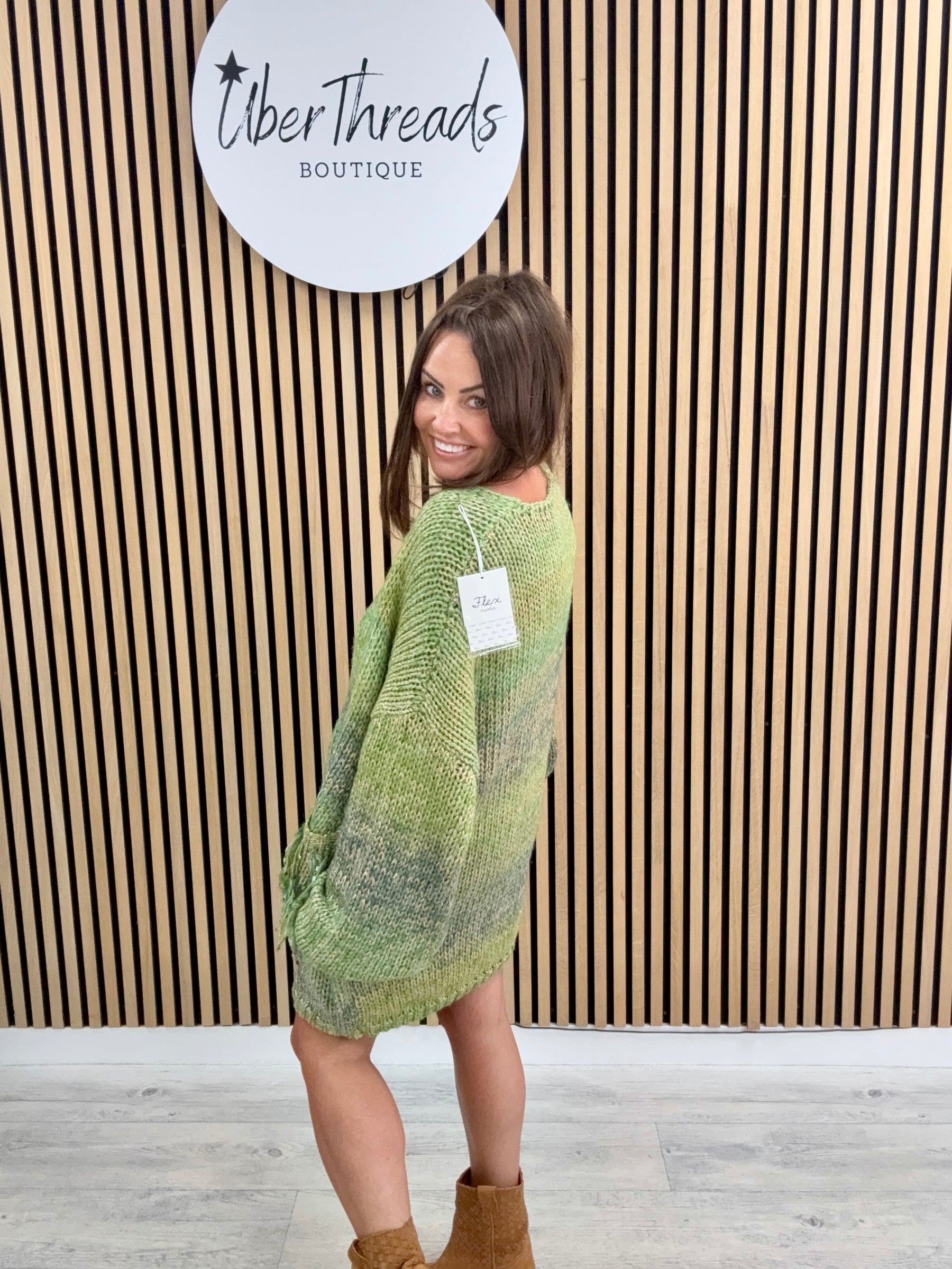 The Harlow Fringed Pocket Knit - Green