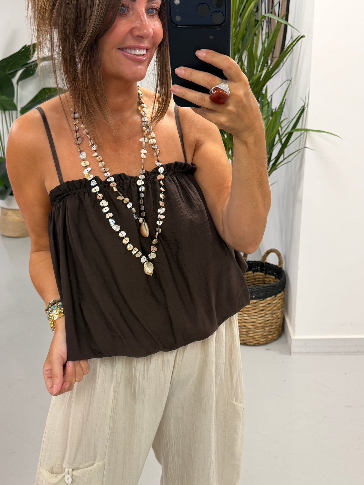 Crinkle Bubble Hem Cami - Chocolate