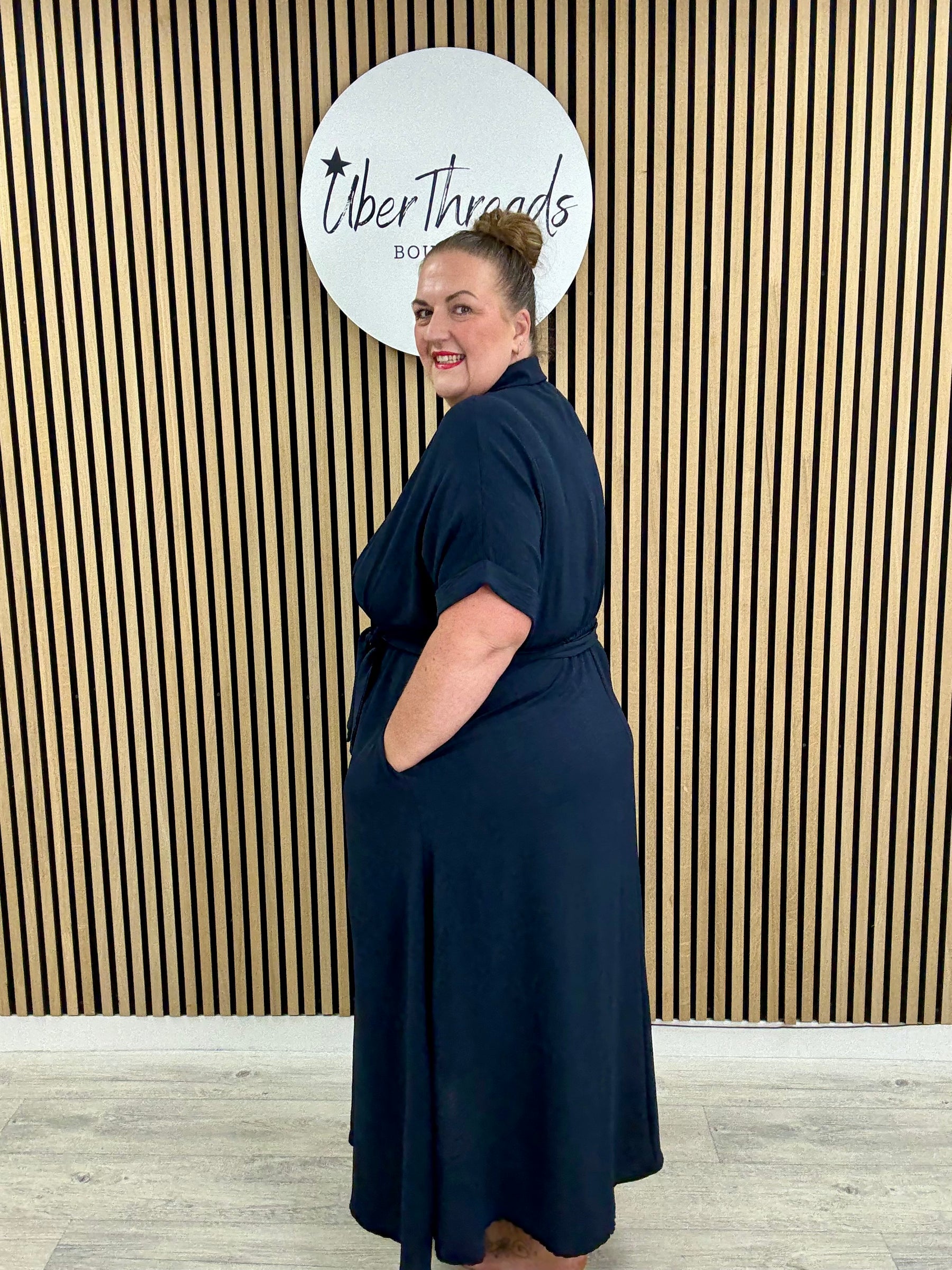 Chunky Button Belted Shirt Dress - Navy