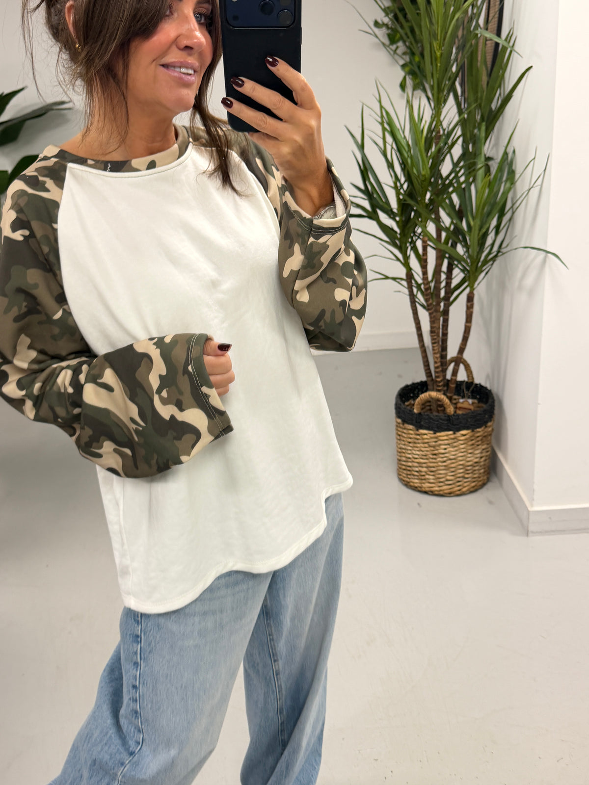 The Conrad Camo Raglan Sweater - White