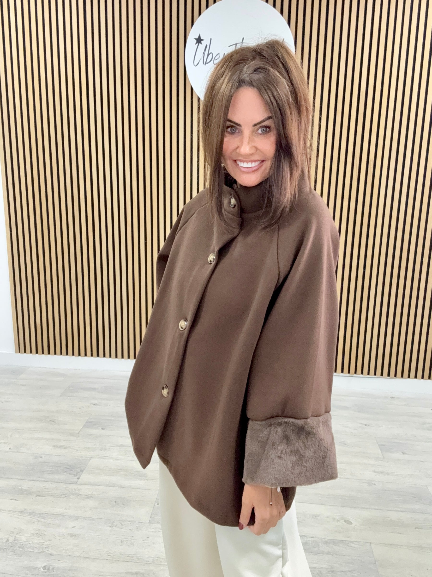 Faux Fur Sleeve Swing Jacket - Chocolate