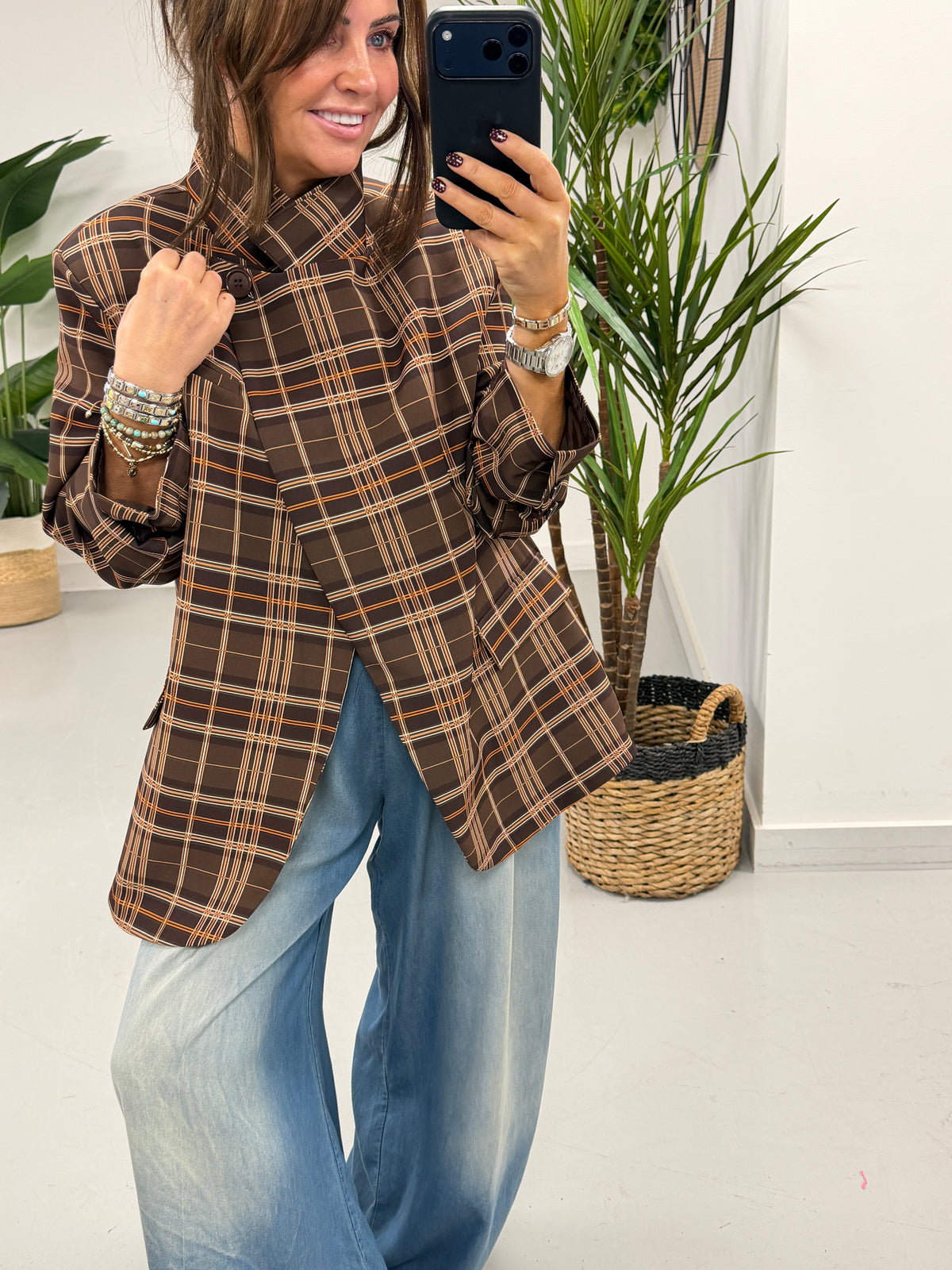 Madison Funnel Neck Blazer - Chocolate Plaid (pre order due in next few days)