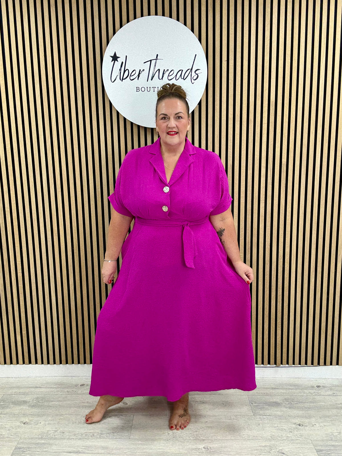 Chunky Button Belted Shirt Dress - Magenta