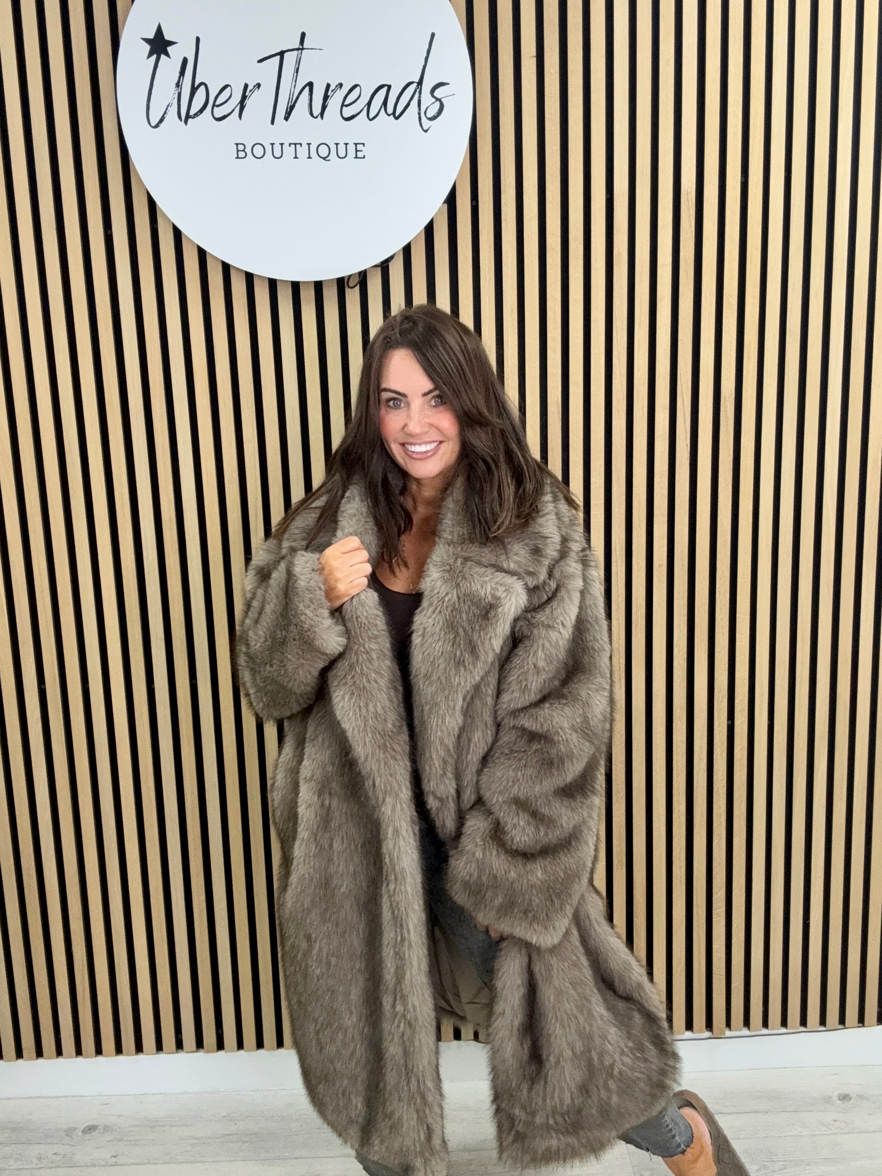 The Knightsbridge Longline Faux Fur Coat-Taupe