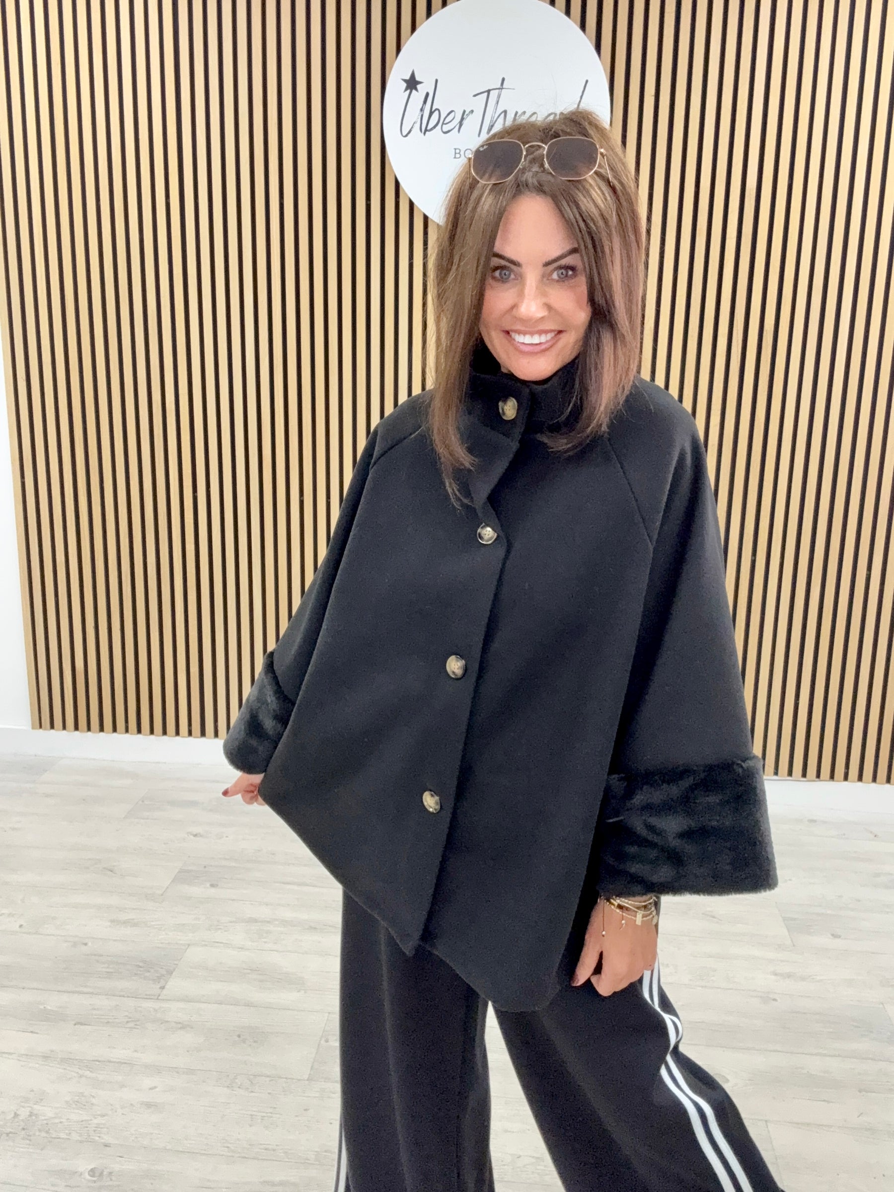 Faux Fur Sleeve Swing Jacket - Black