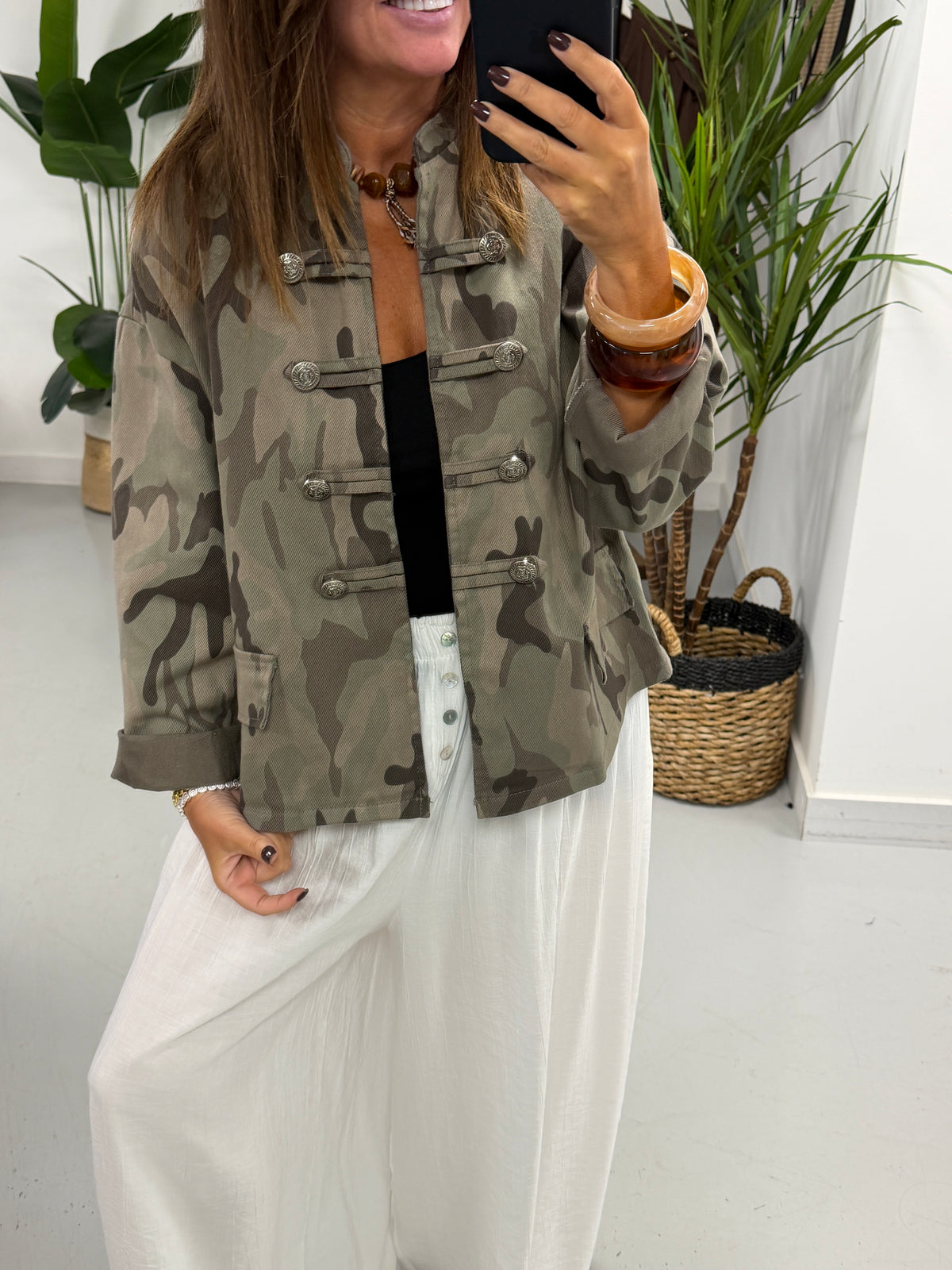 Camo Denim Military Jacket - Light Khaki/Mocha