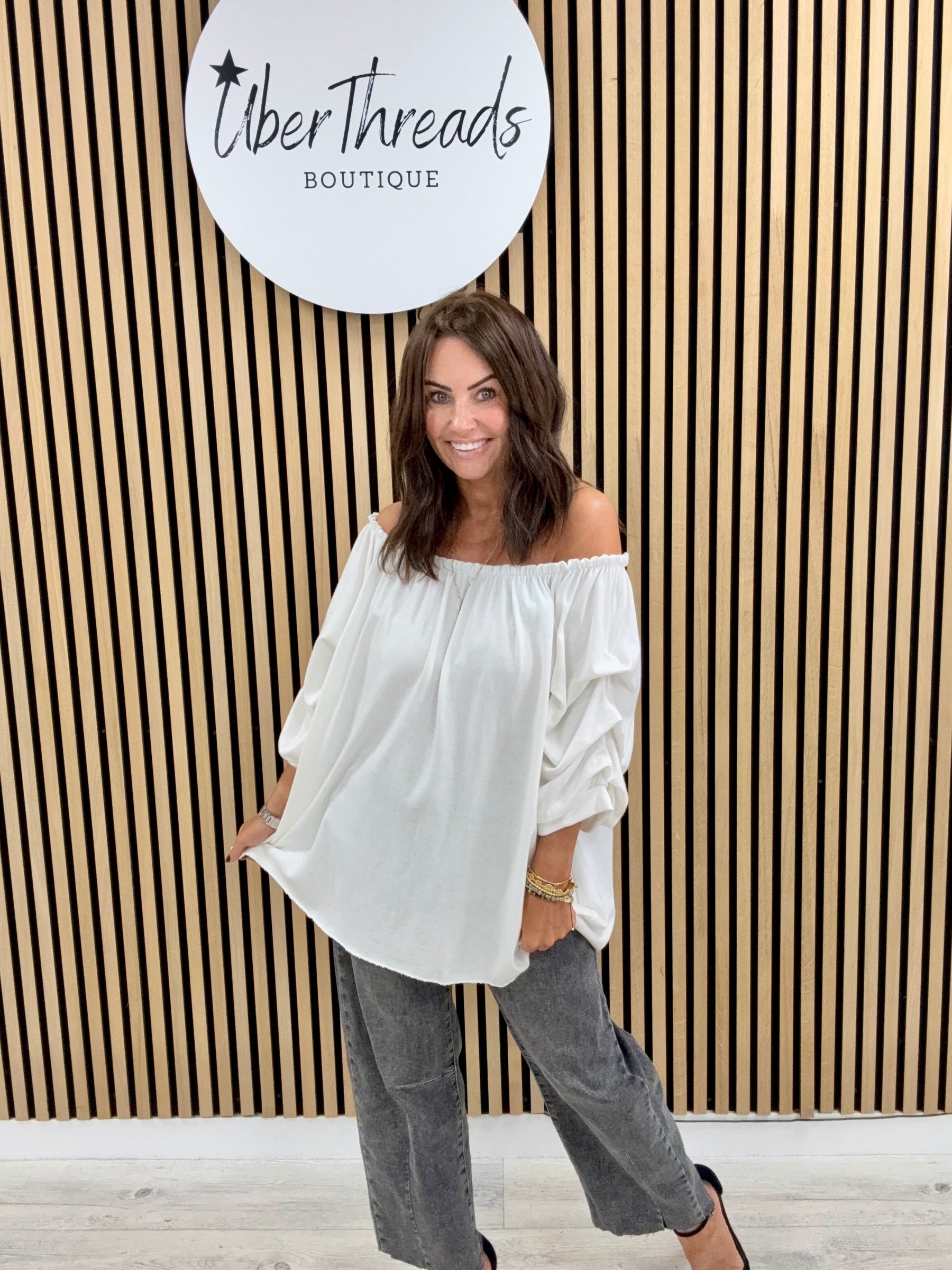 Palma Puff Sleeve Bardot Soft Knit - White