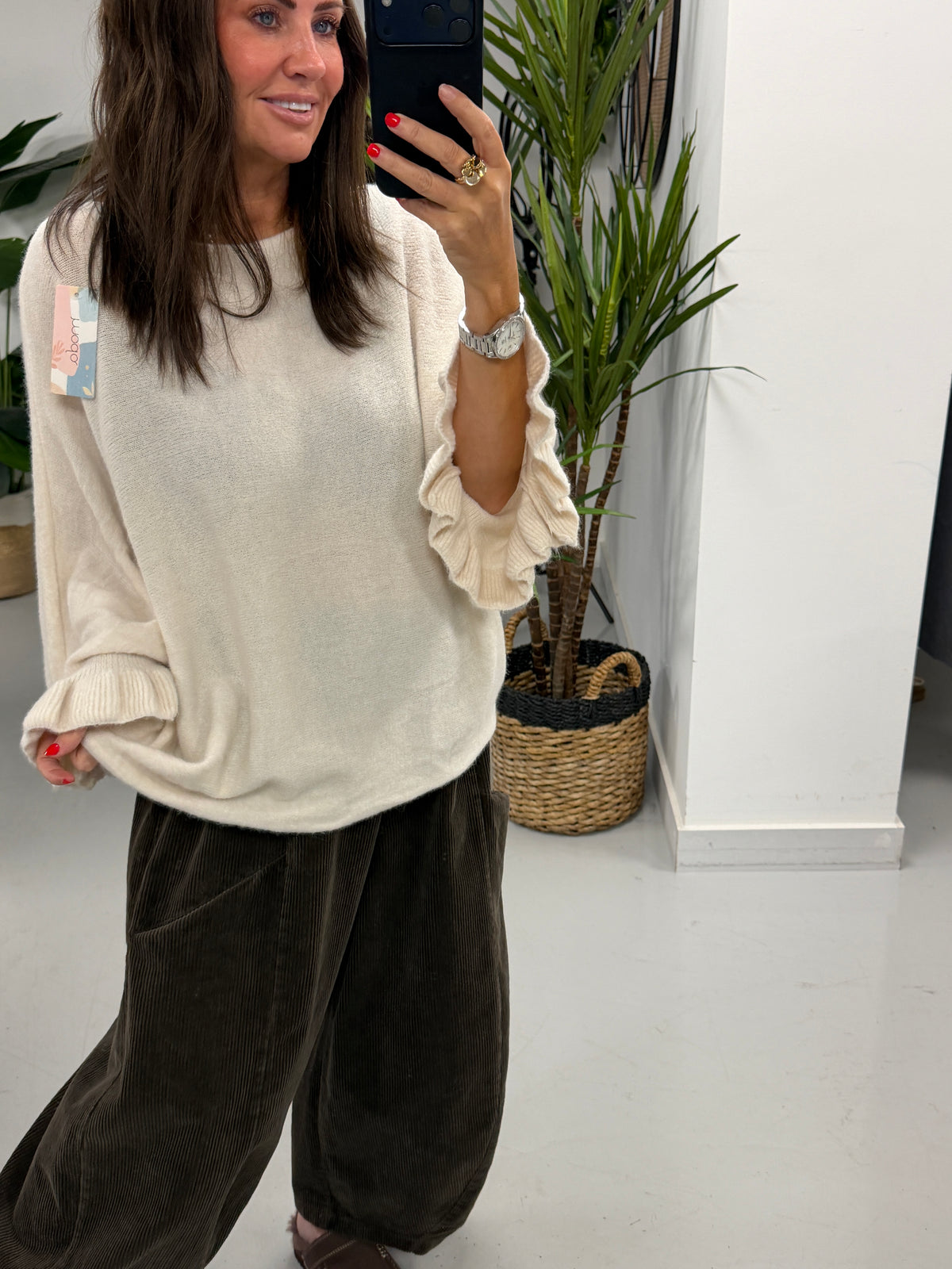 Slouchy Frill Sleeve Knit - Antique Cream (Size 12 - 18)