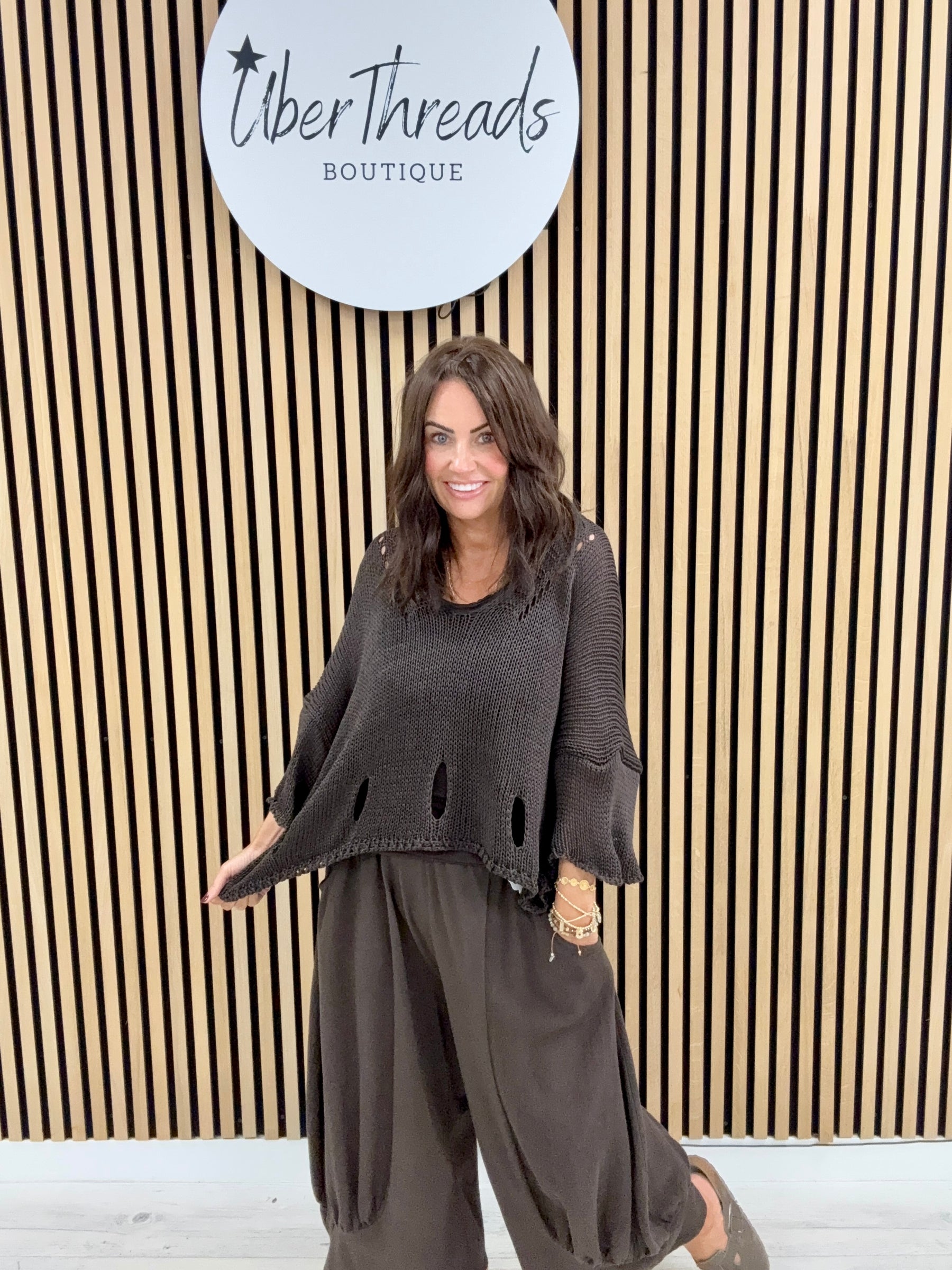 V Neck Holey Knit - Chocolate