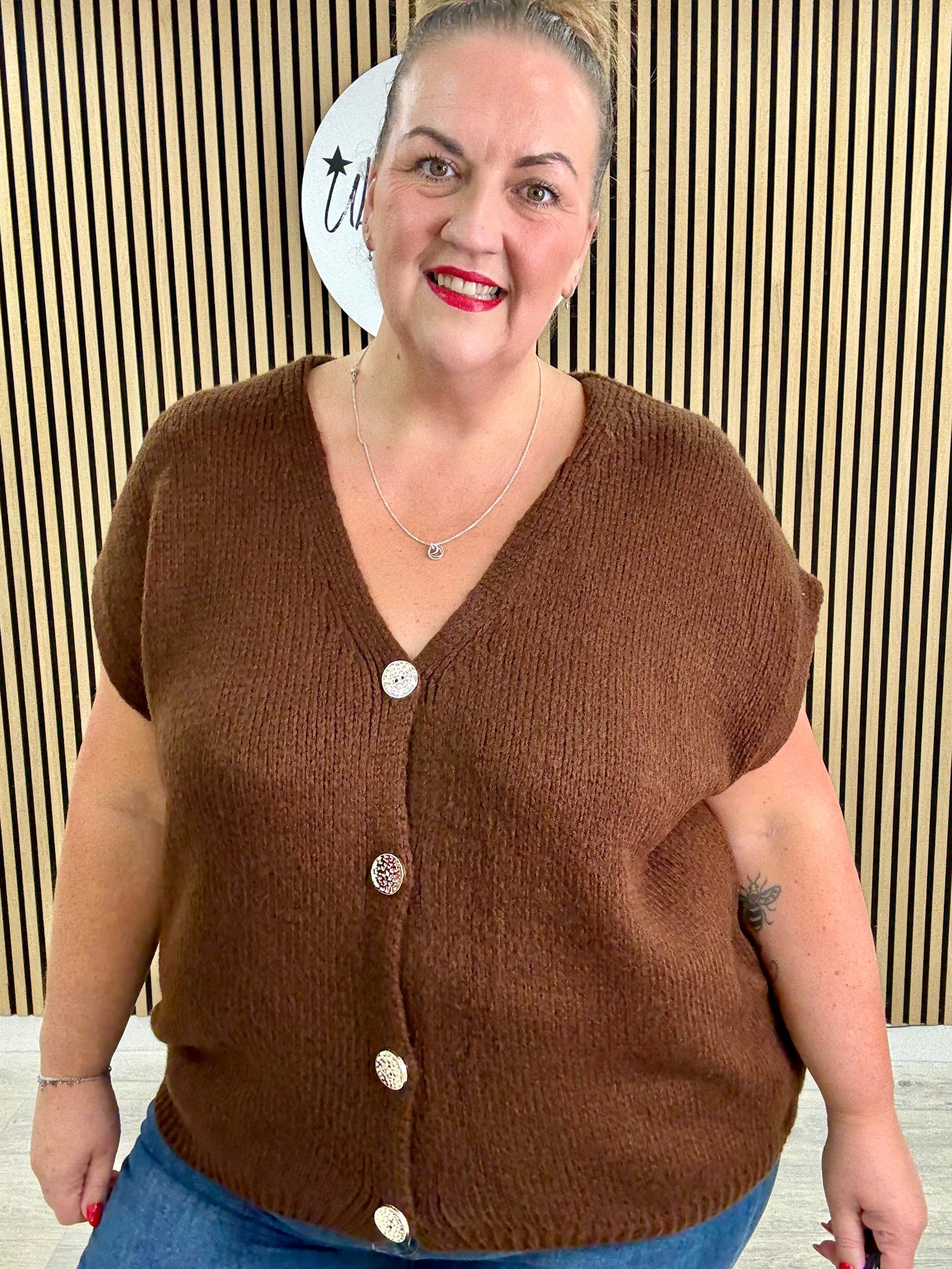 The Knitted Gold Button Waistcoat - Chocolate