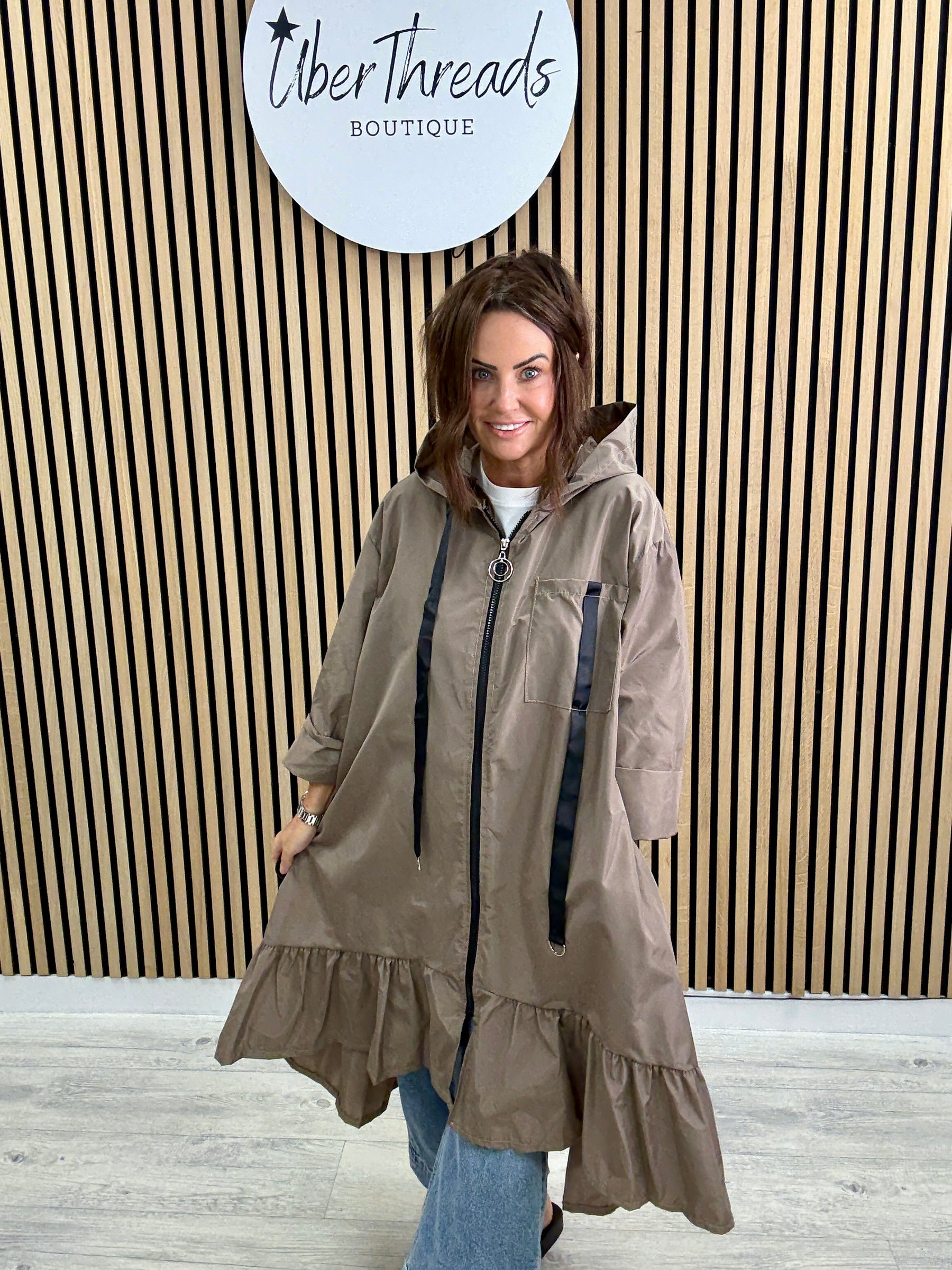 The High Low Frill Rainmac - Taupe