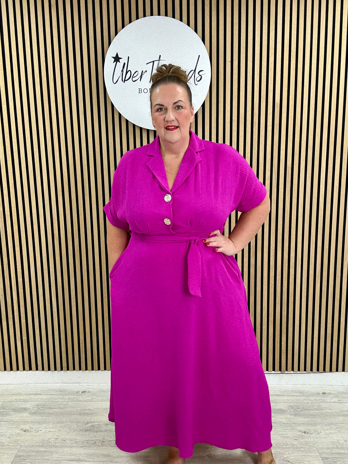 Chunky Button Belted Shirt Dress - Magenta