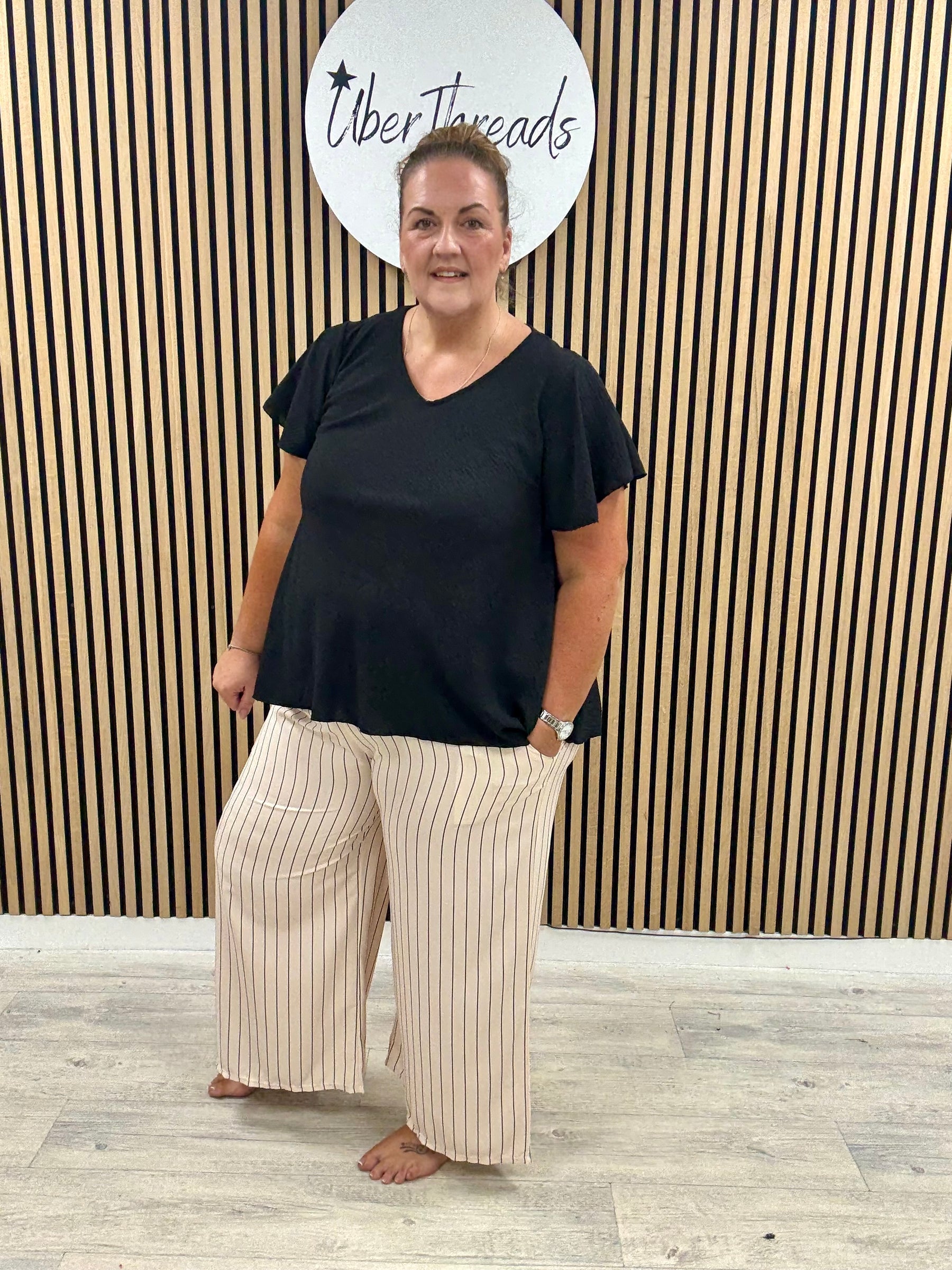 The Pinstripe Palazzo - Cream/Black (Plus)