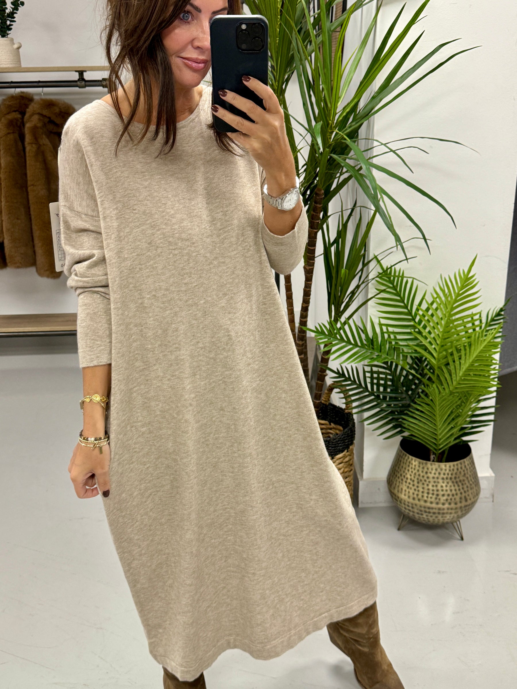 Knitted Button Back Dress - Oatmeal