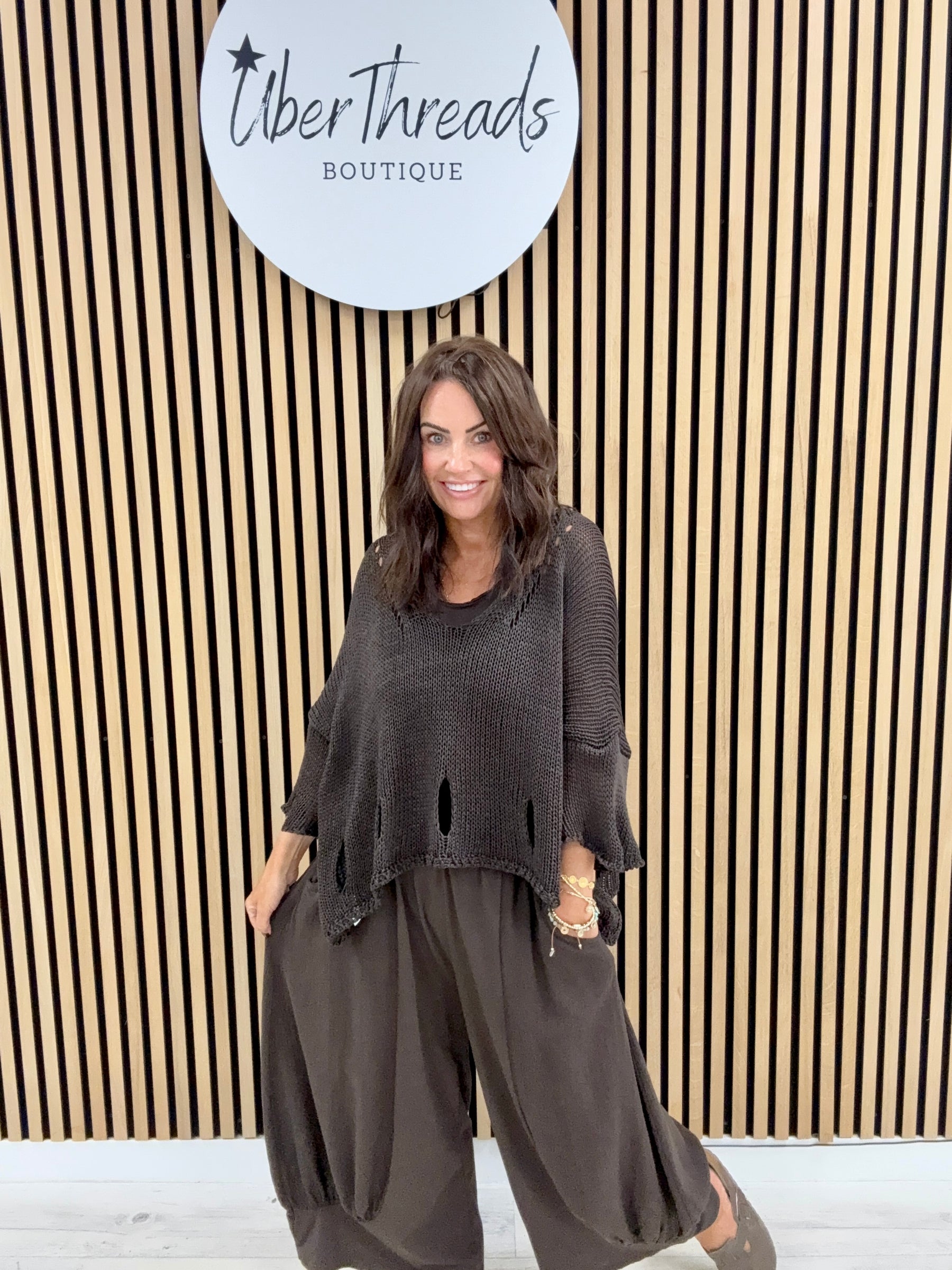 V Neck Holey Knit - Chocolate