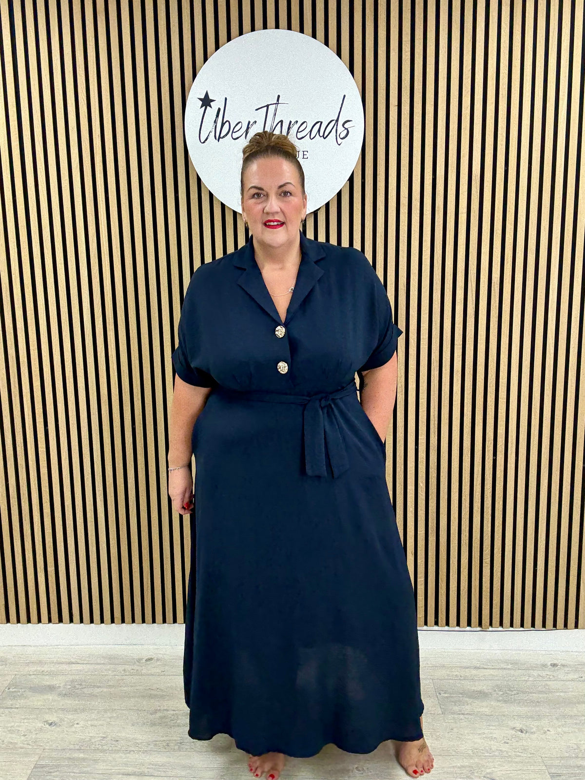 Chunky Button Belted Shirt Dress - Navy