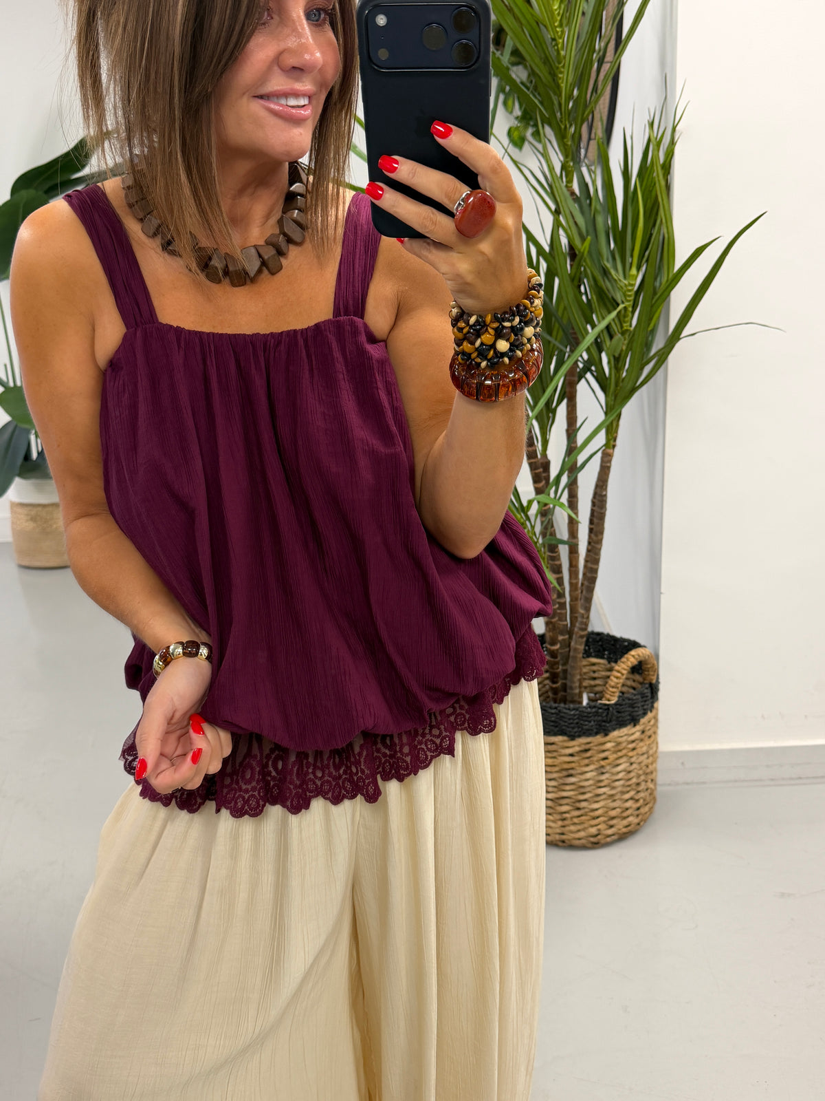 Crinkle Bubble Hem/Lace Cami - Wine