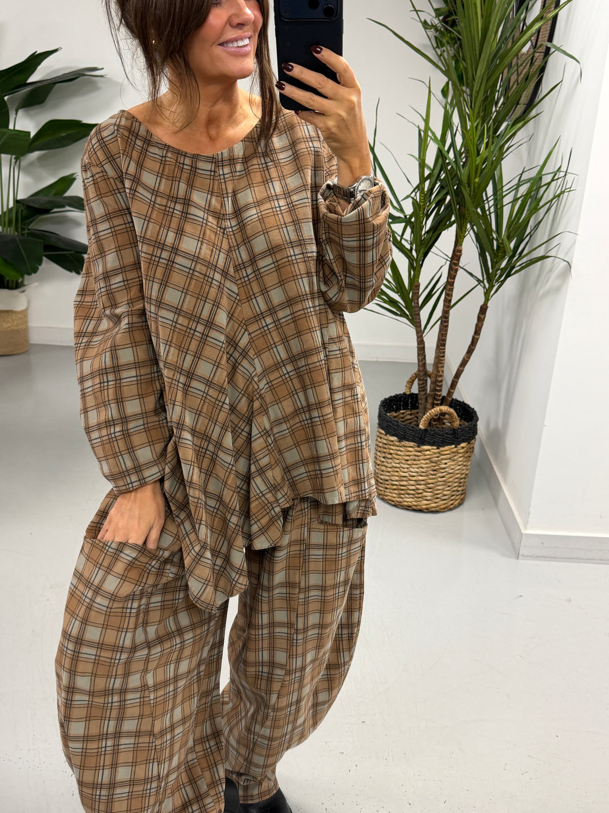 The Herritage Check Needlecord Tunic - Taupe/Camel (Size 12-16)