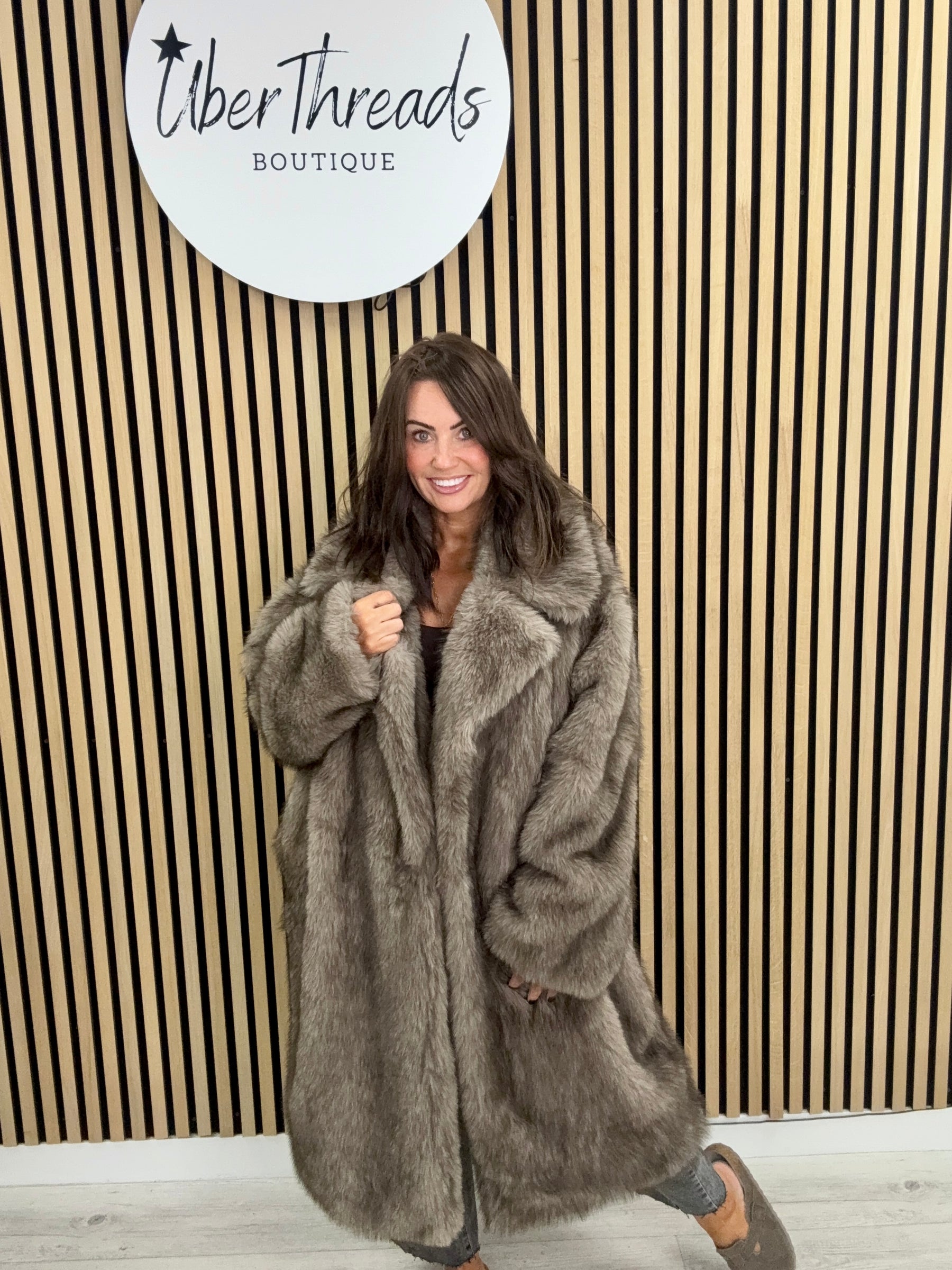The Knightsbridge Longline Faux Fur Coat-Taupe