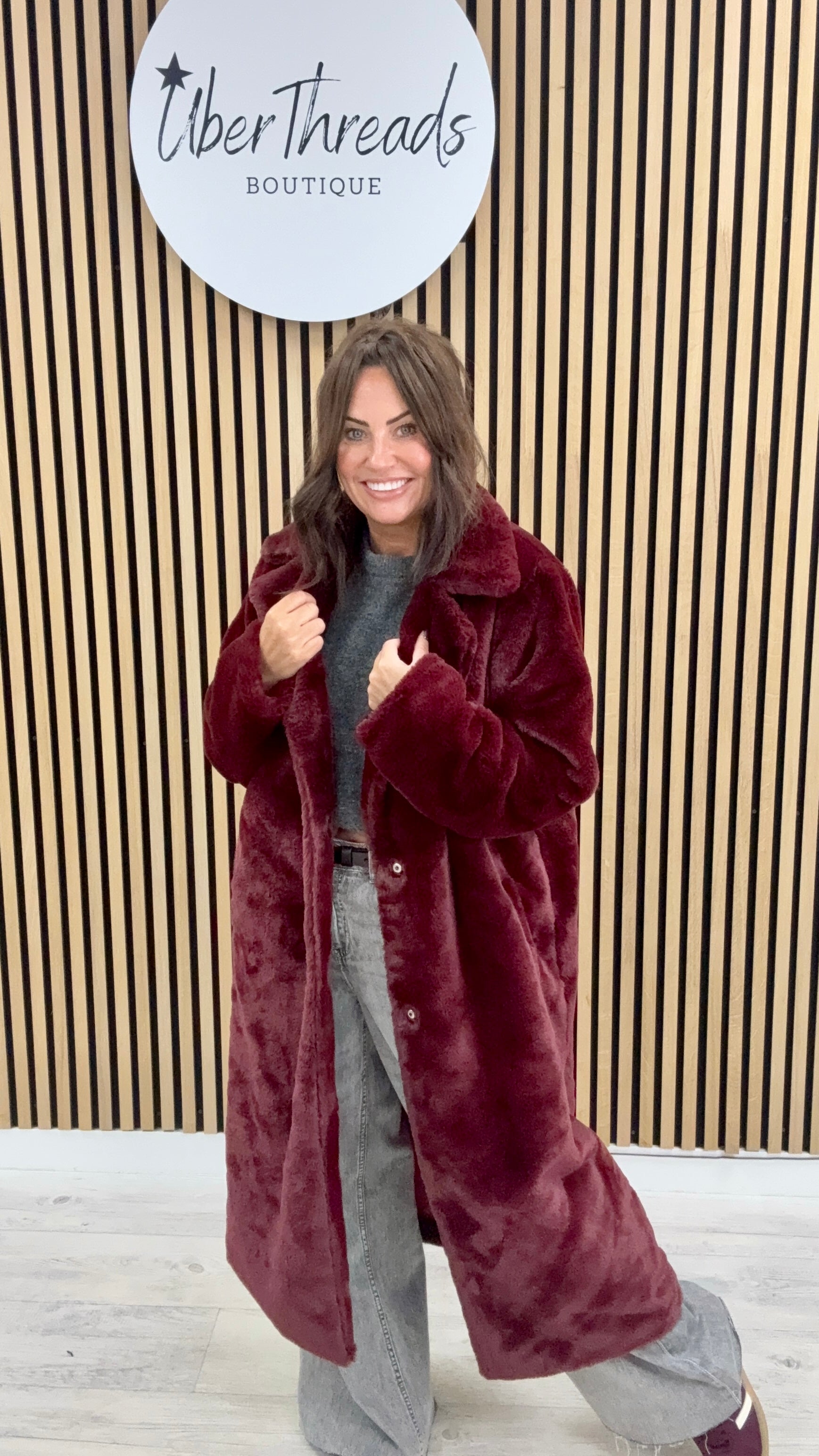 The Safron Longline Faux Fur Coat - Mulberry (fitting to size 14)