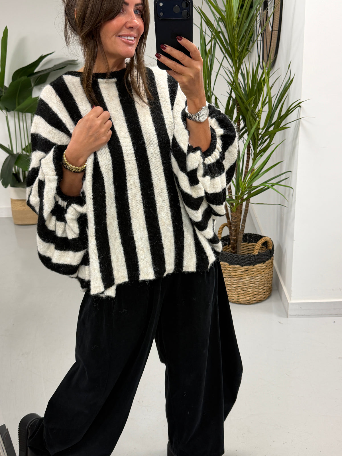 Zeta Otto Stripe Chunky Sleeve Knit - Black (Size 10-18)