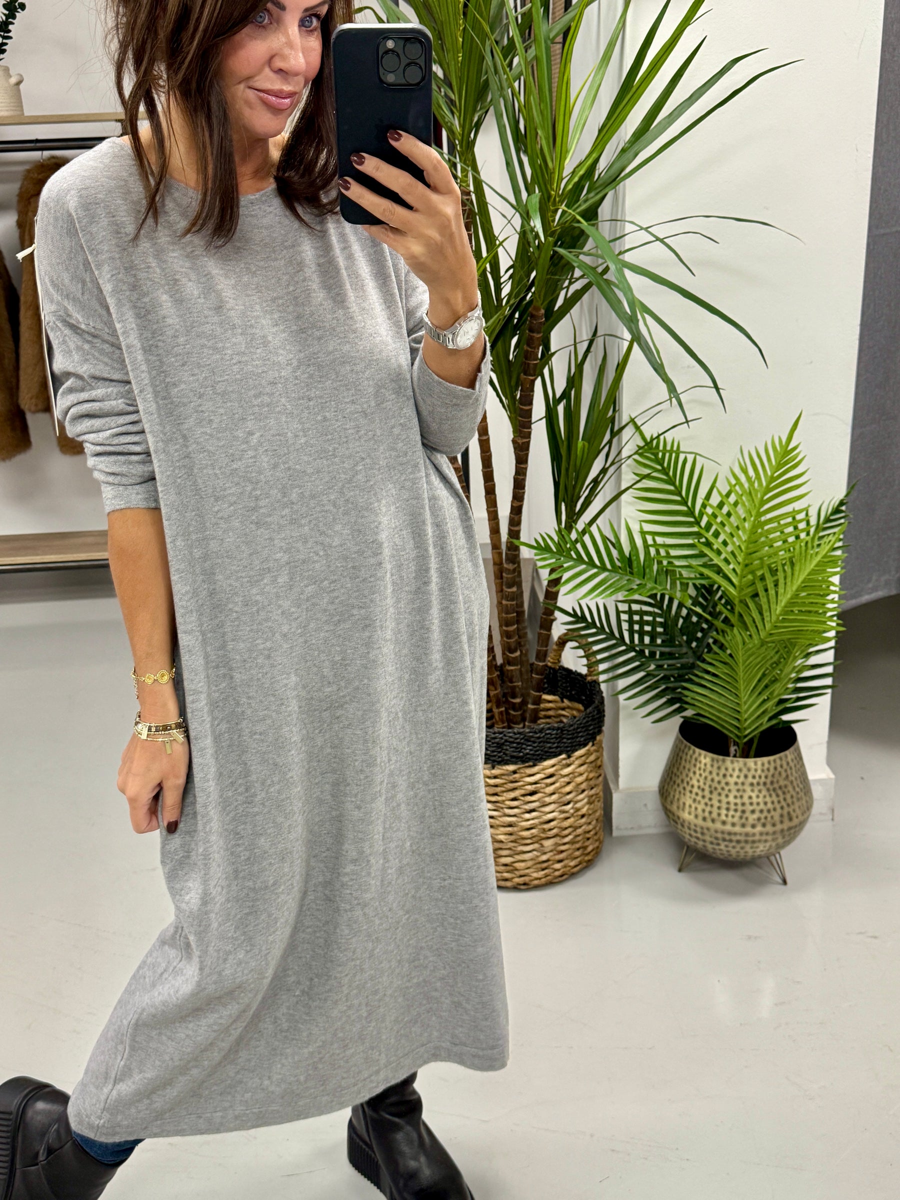 Knitted Button Back Dress - Grey