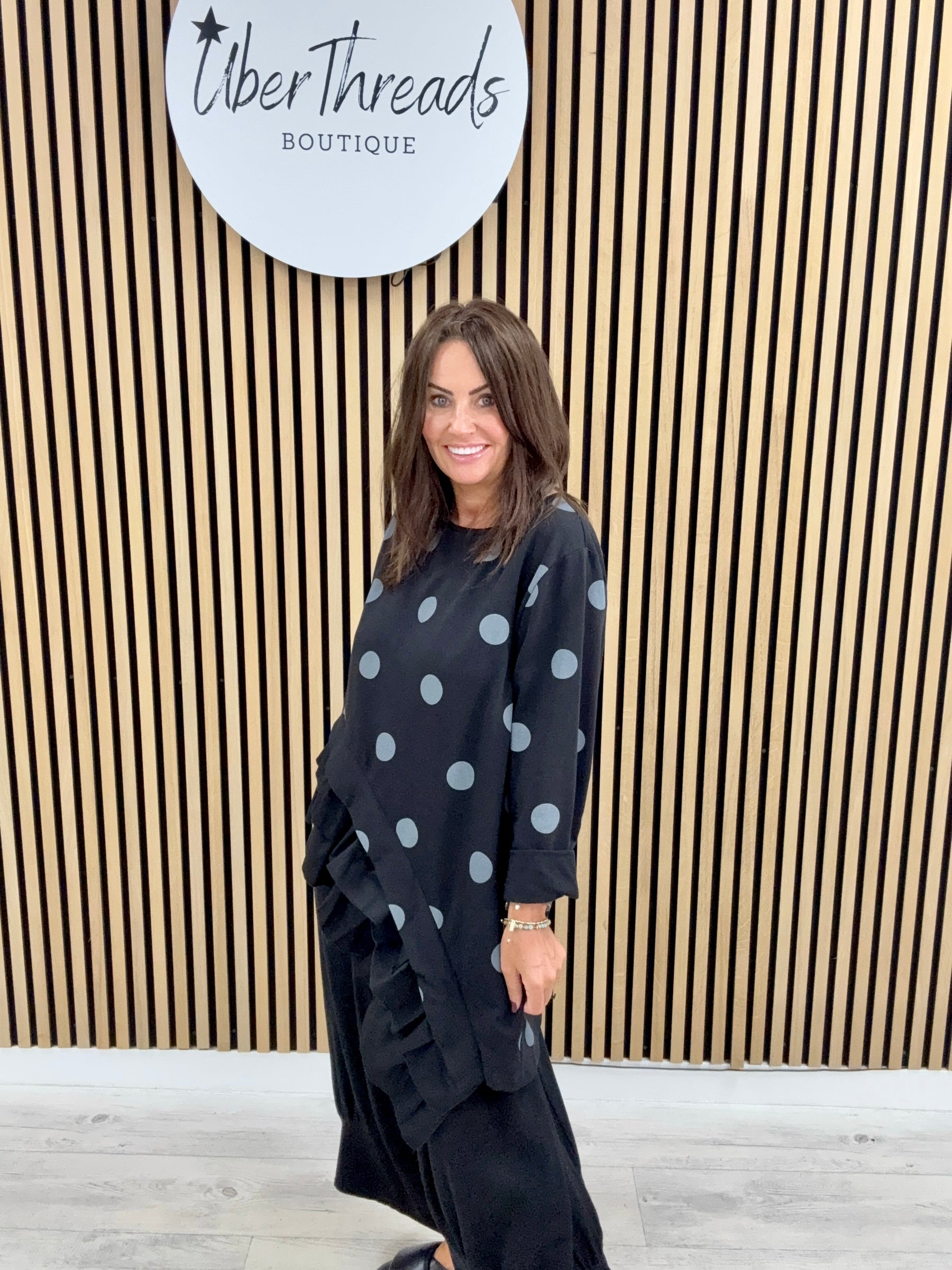 I.D Clothing Polka Dot Frill Tunic - Black