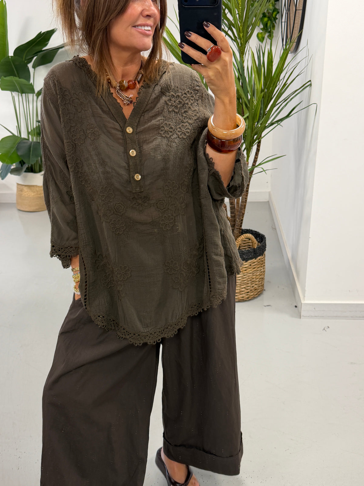 Seville Lace Button Up Top - Chocolate