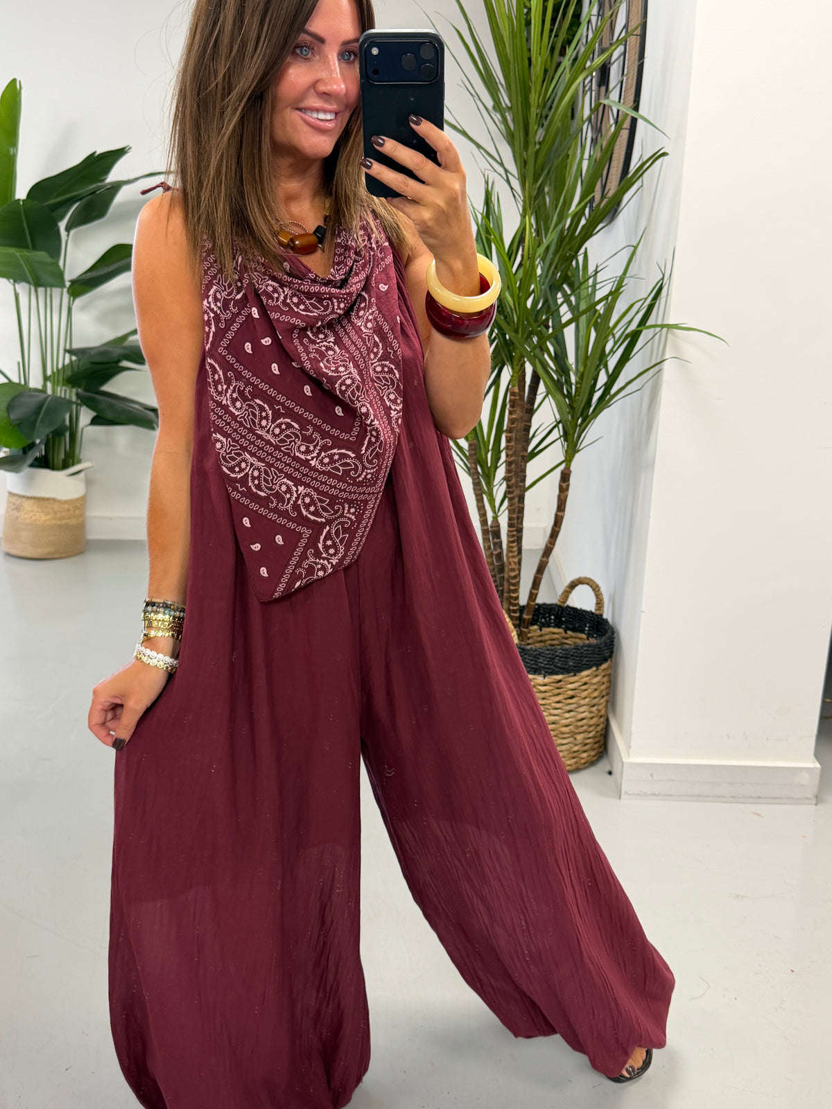 Bandana Scarf Jumpsuit - Wine