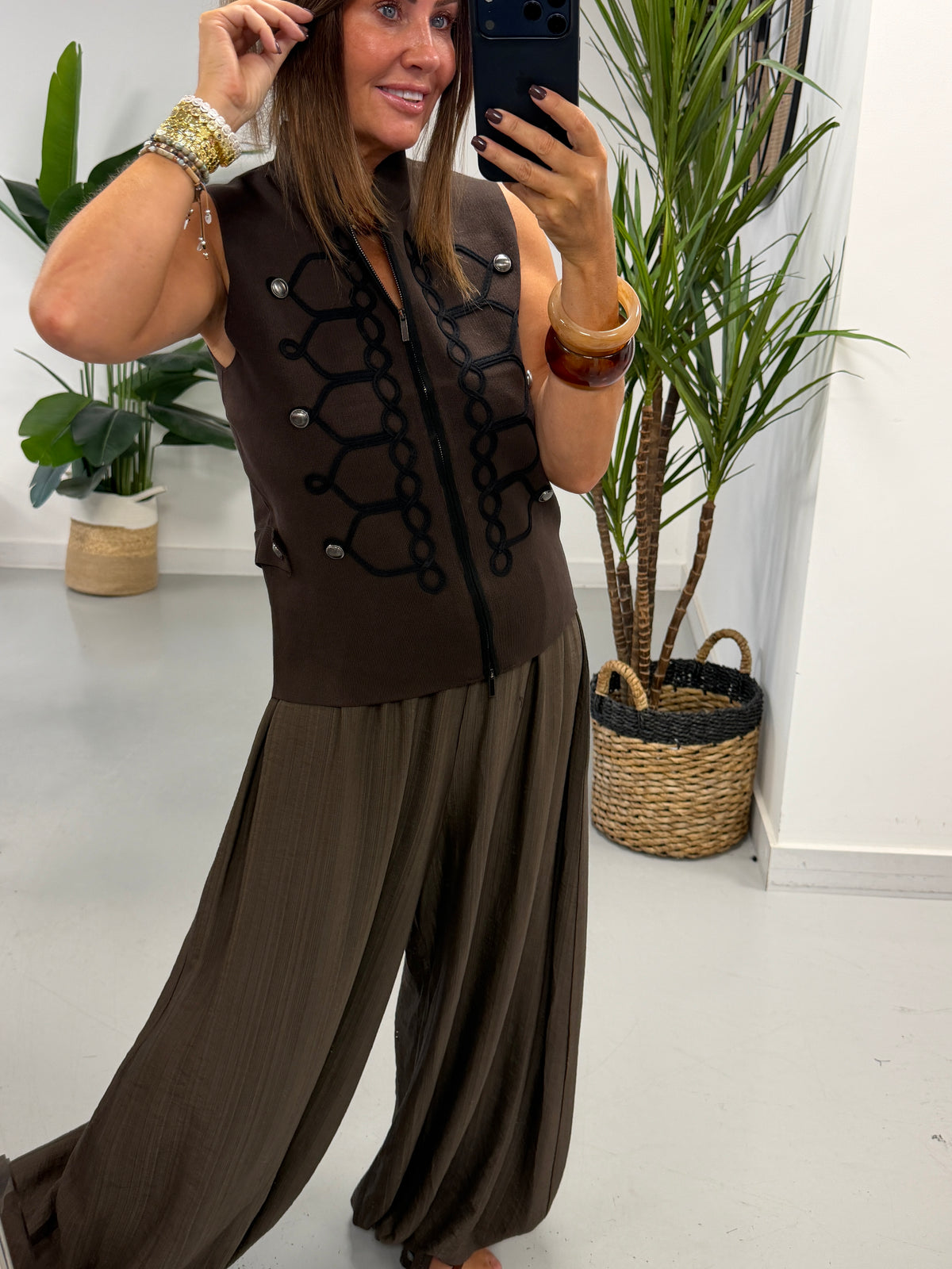 Military Patterned Knitted Waistcoat - Chocolate/Black