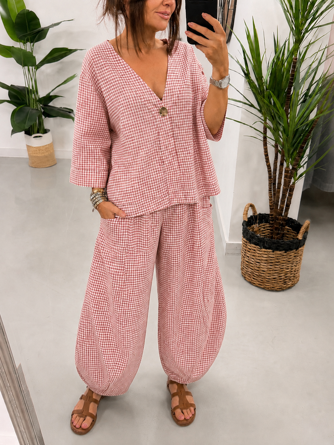 The Vichy Gingham Barrel Trouser - Raspberry