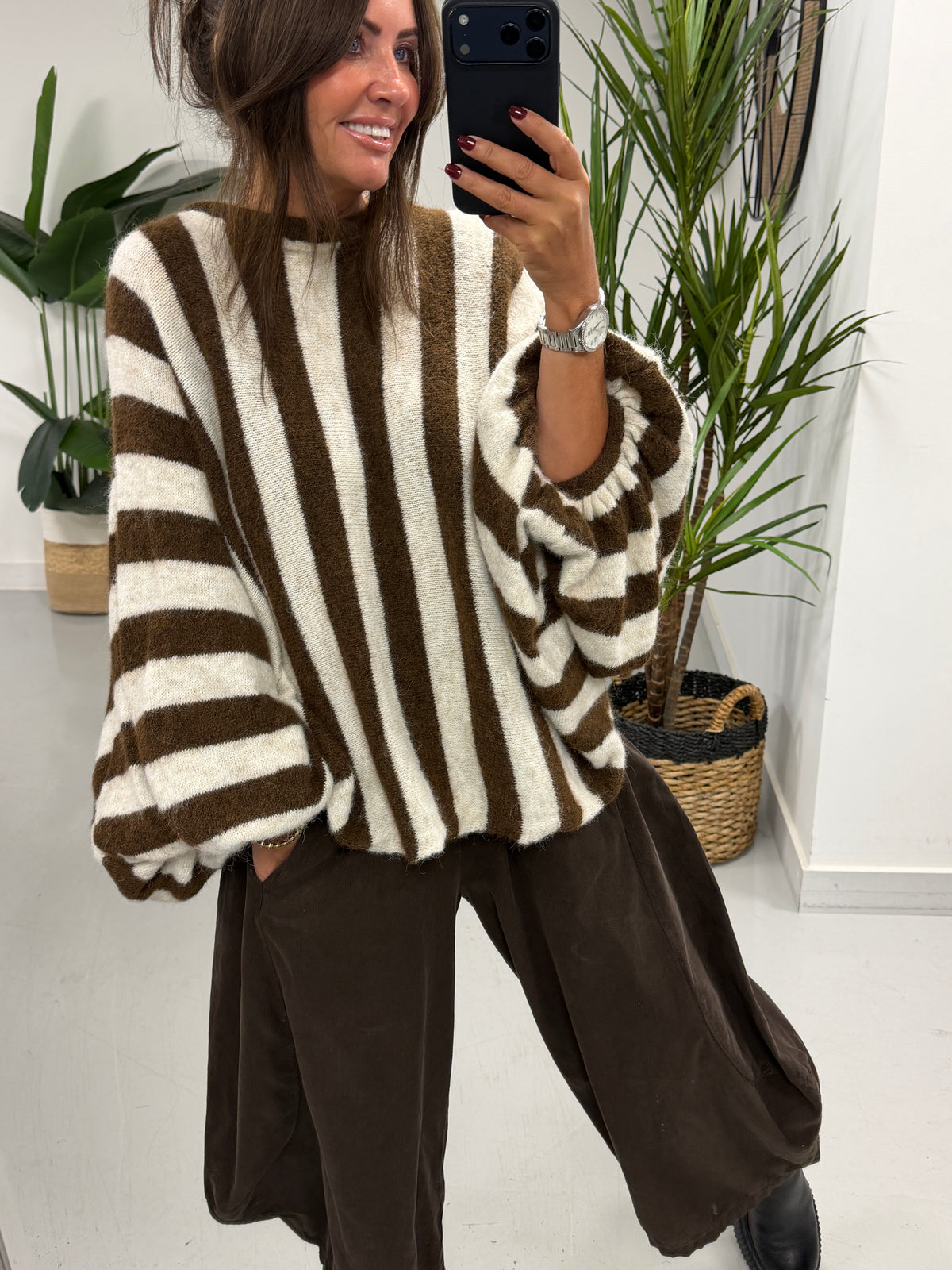 Zeta Otto Stripe Chunky Sleeve Knit - Chocolate (Size 10-18)