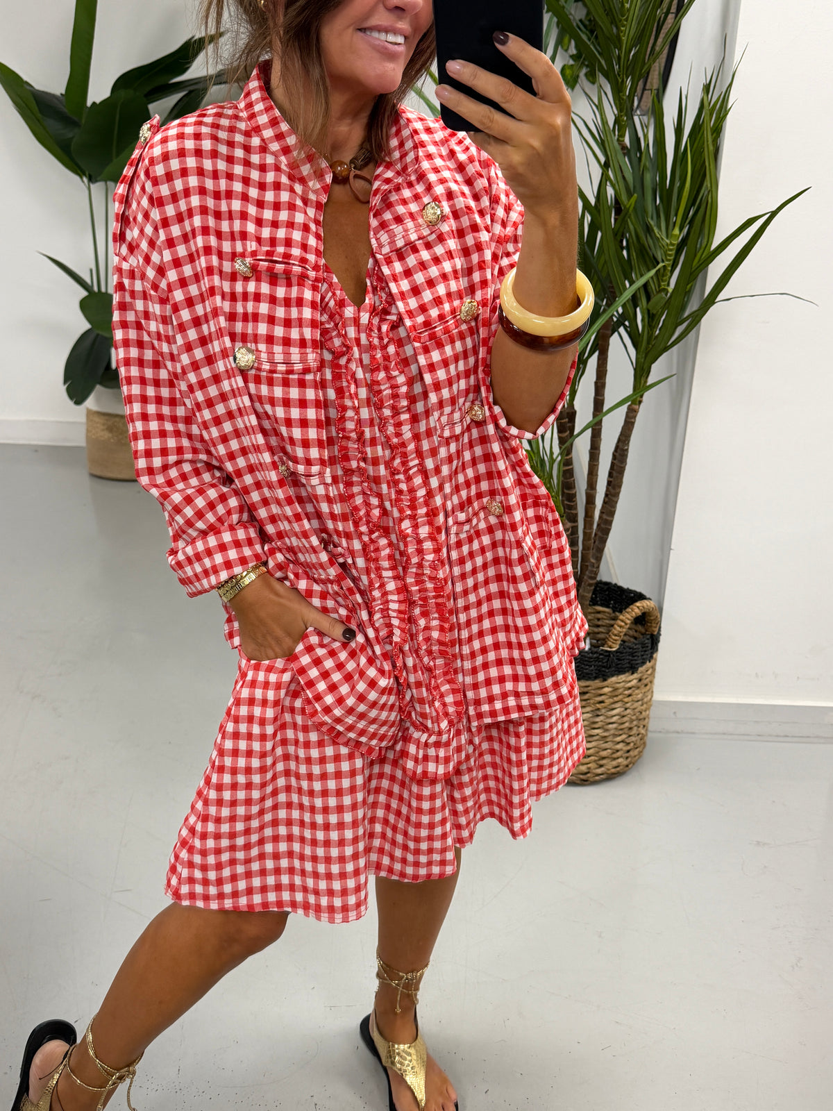 Gingham Military Jacket - Red