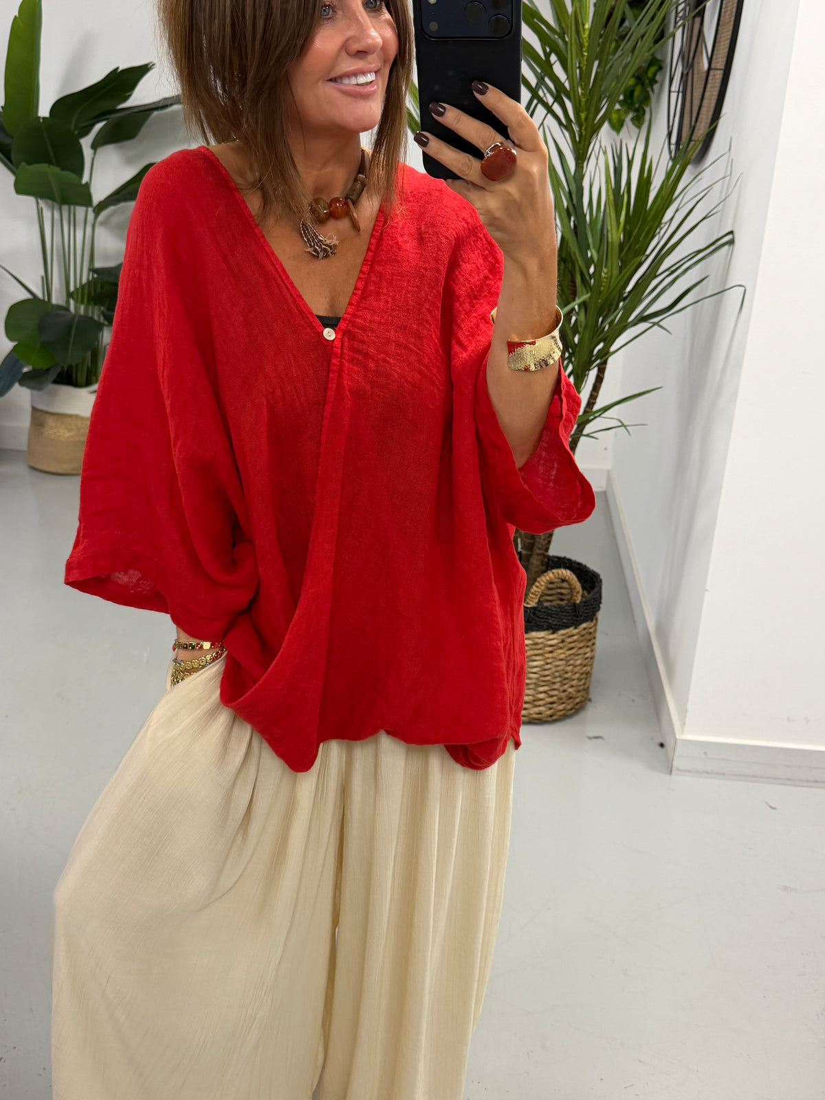 The Bali Linen One Button Tunic - Red