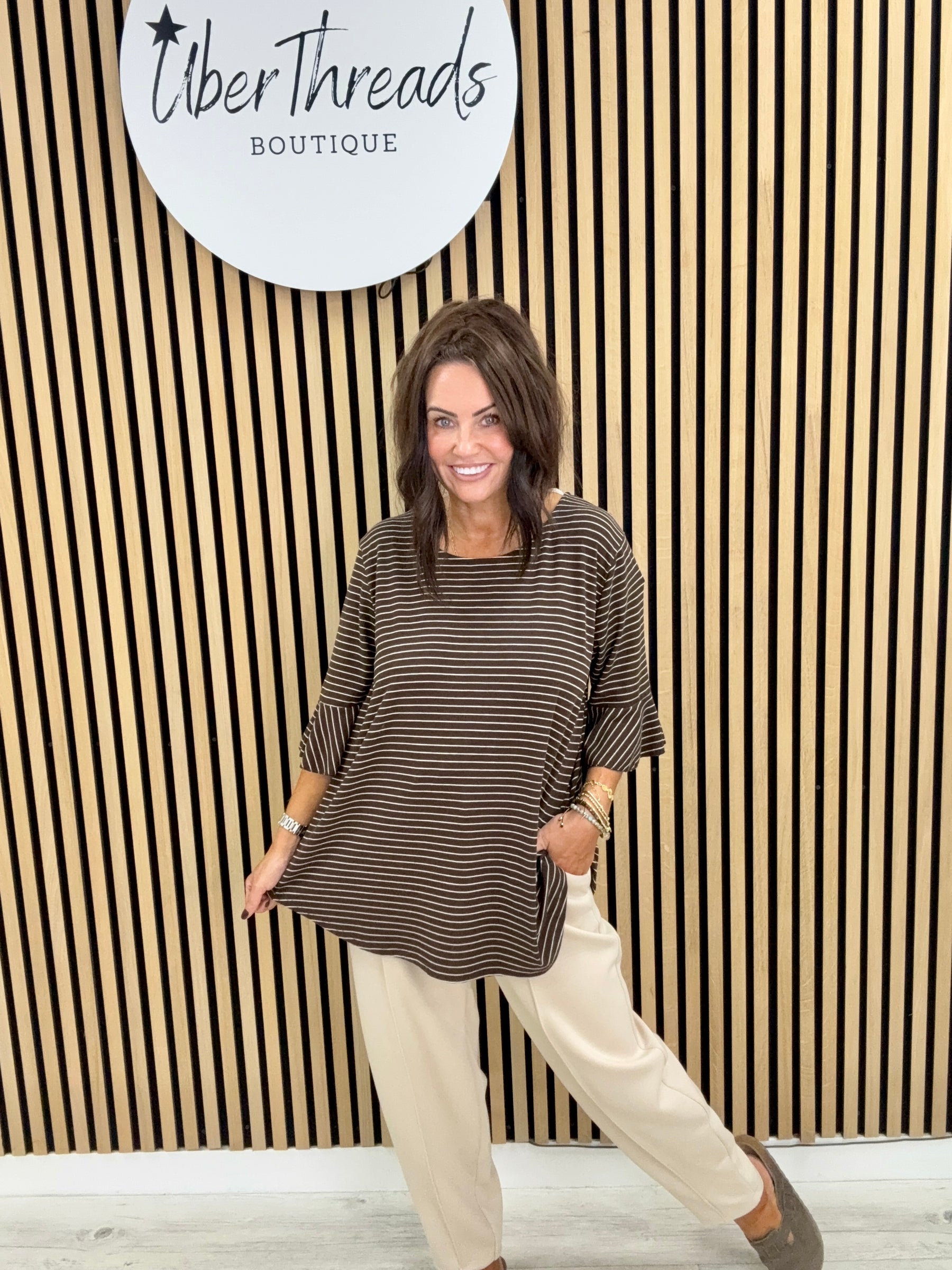 The Bell Sleeve Stripe Soft Knit - Chocolate