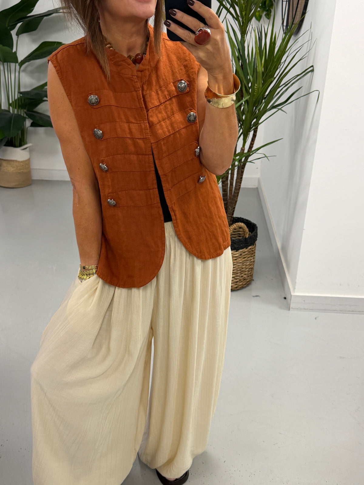 Linen Military Waistcoat - Rust